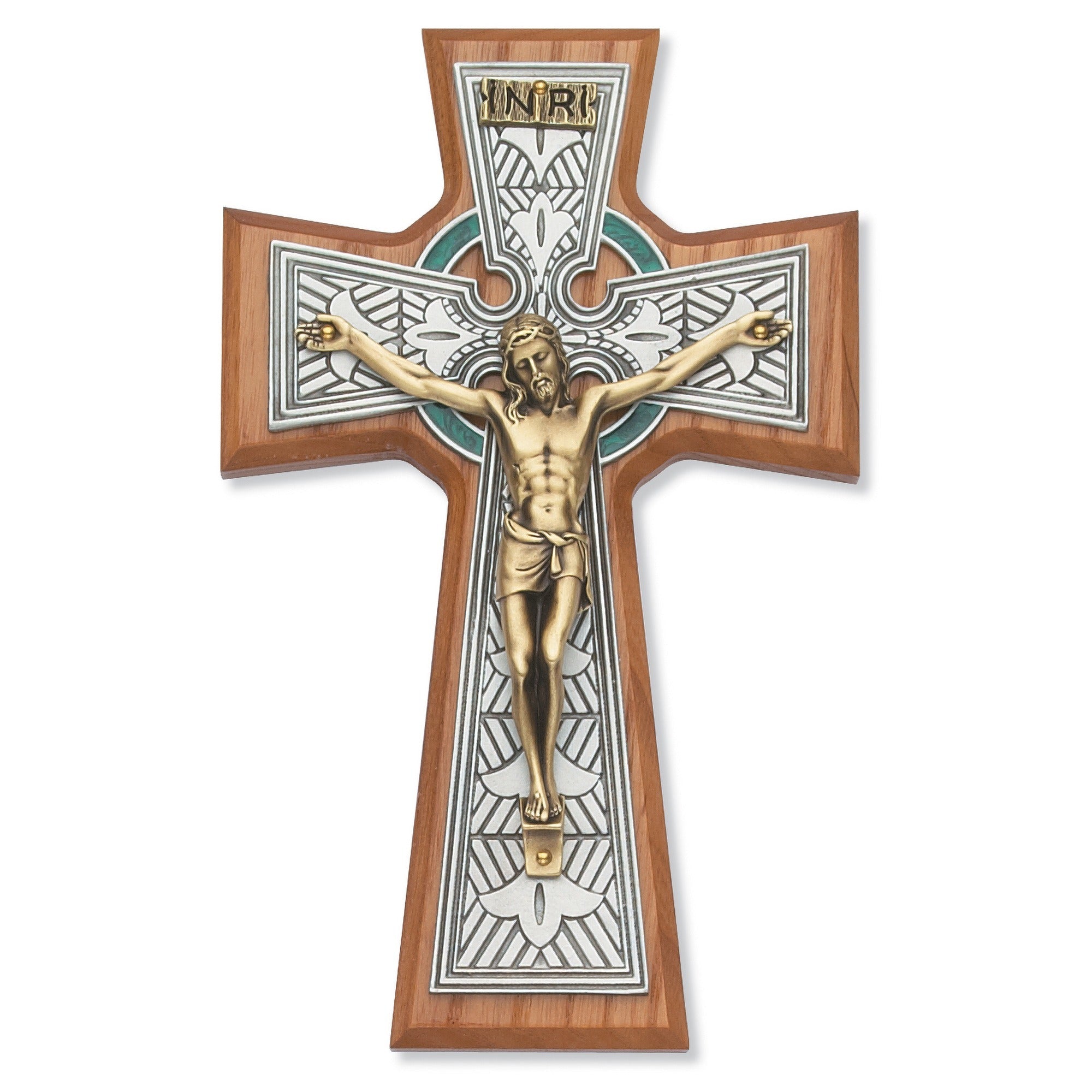 Walnut Celtic Cross with Gold Corpus - 8 inch