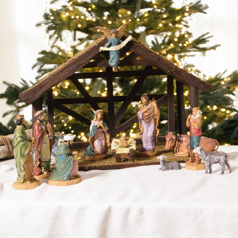 Colored Nativity Set with Wood Stable - 14 Pieces
