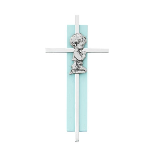 Praying Boy Pewter Cross on Blue Wood