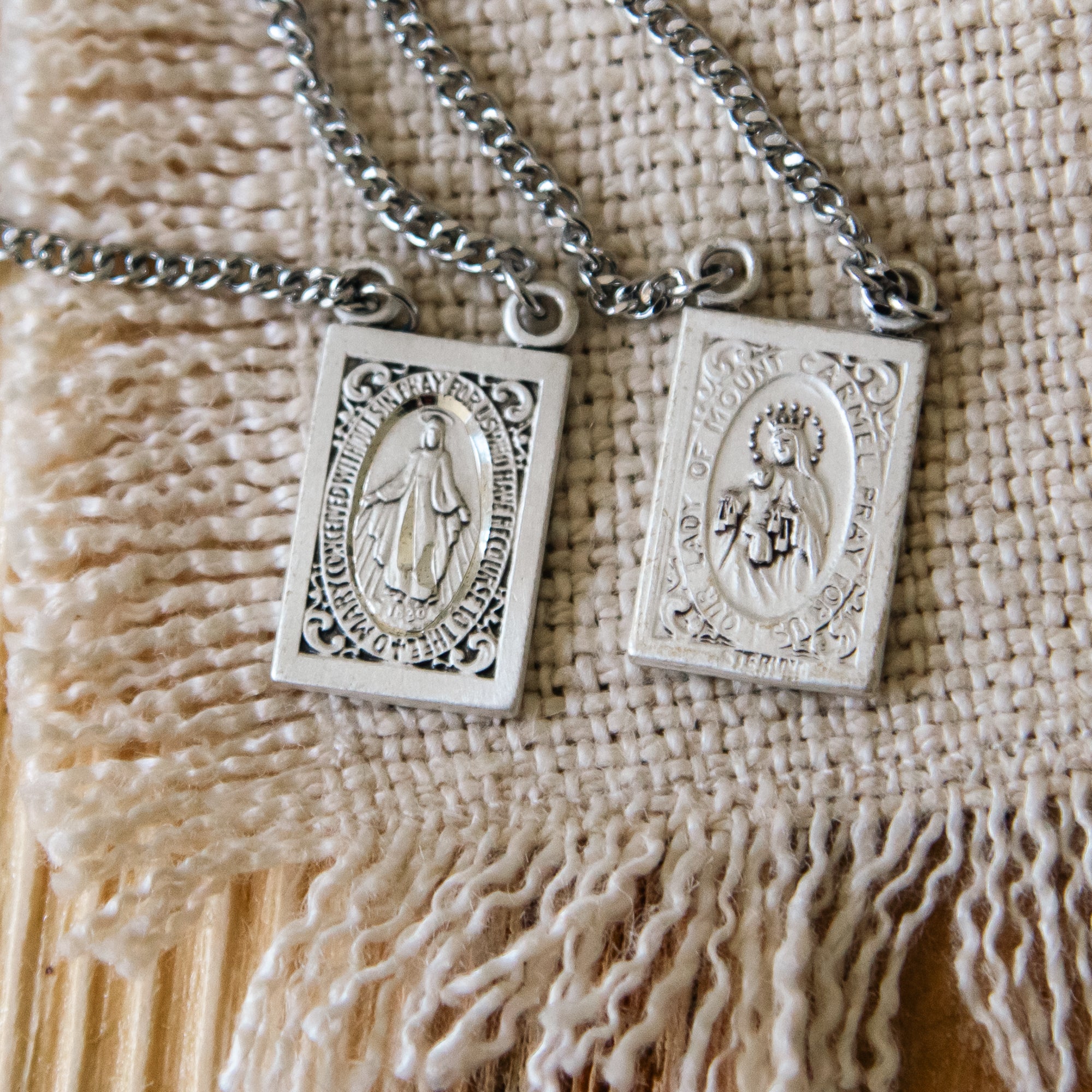Sterling Scapular with Our Lady of Mt. Carmel & Sacred Heart Medals