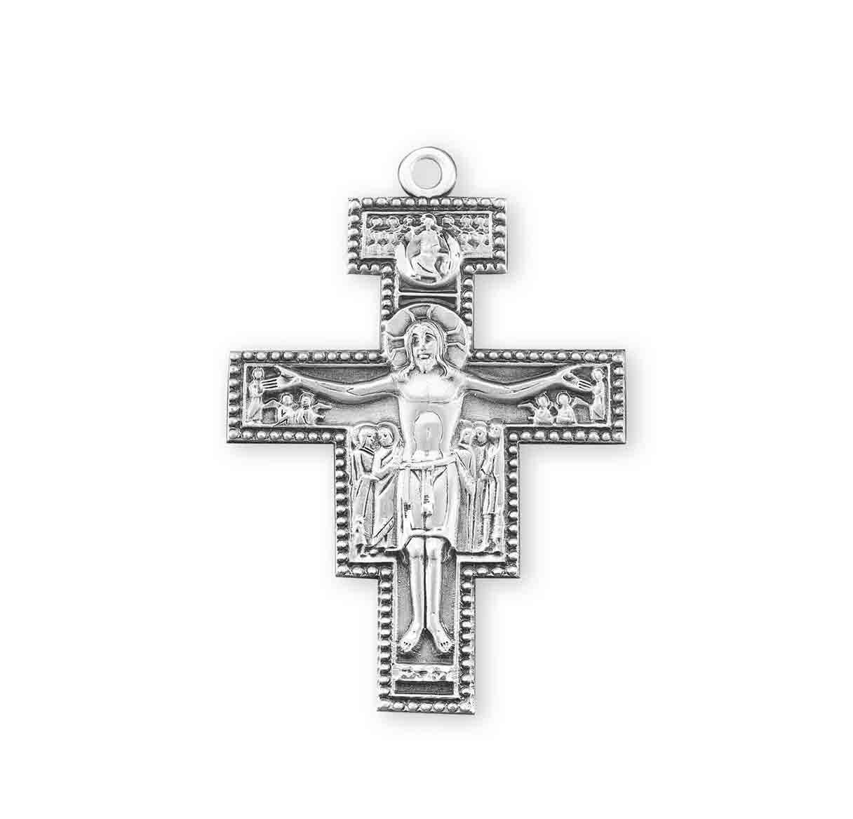 Sterling Embossed Border San Damiano Crucifix Necklace