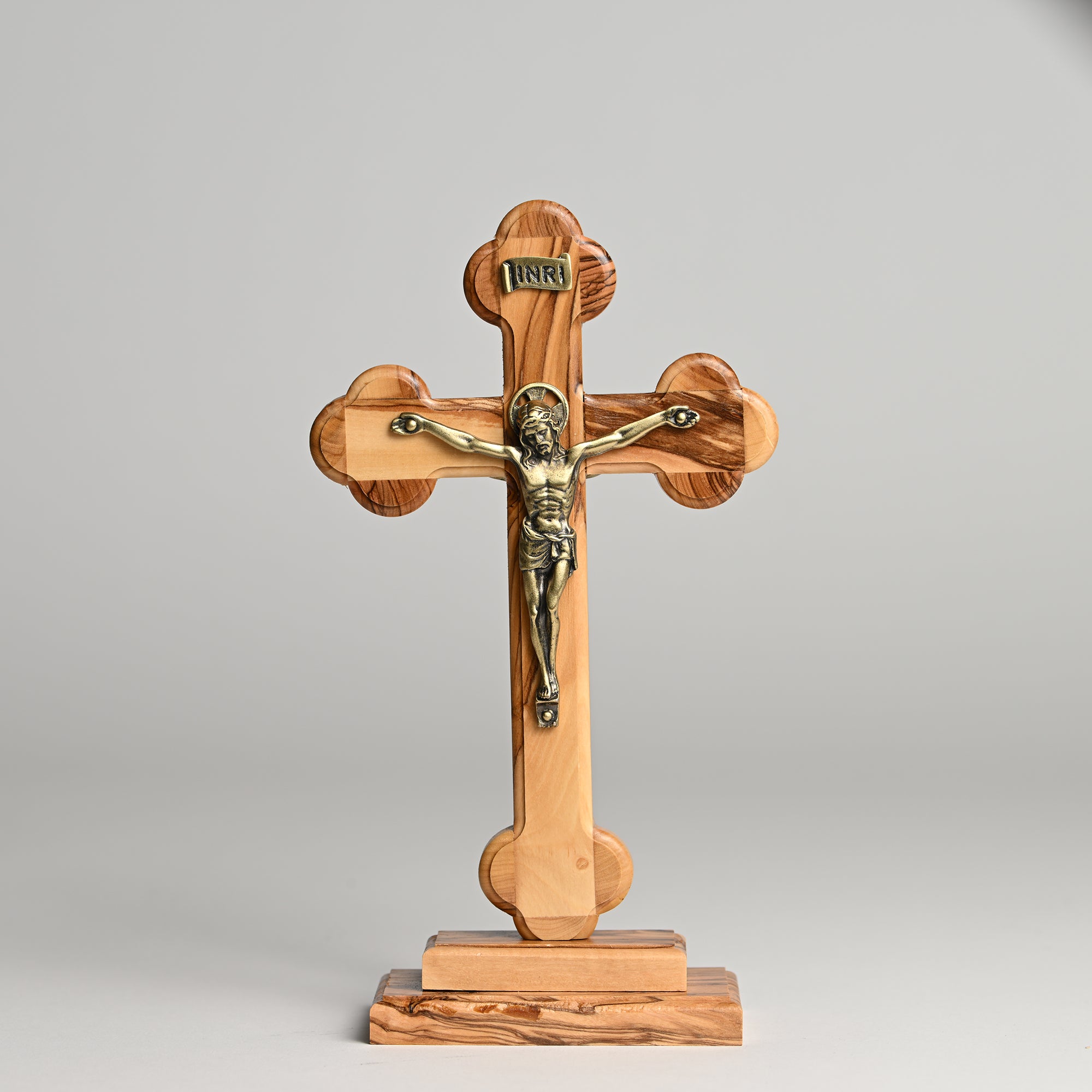 Standing Olive Wood Crucifix with Holy Land Relic - 8"