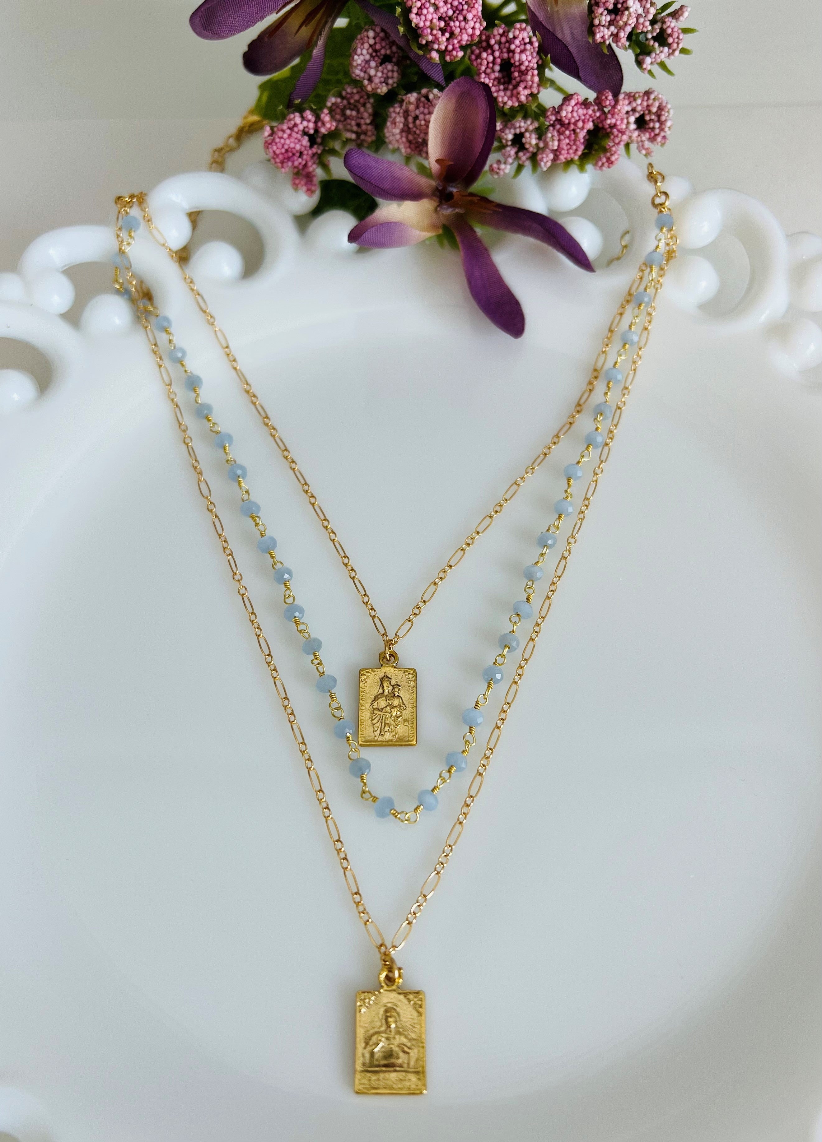 Triple Strand Scapular & Chalcedony Necklace