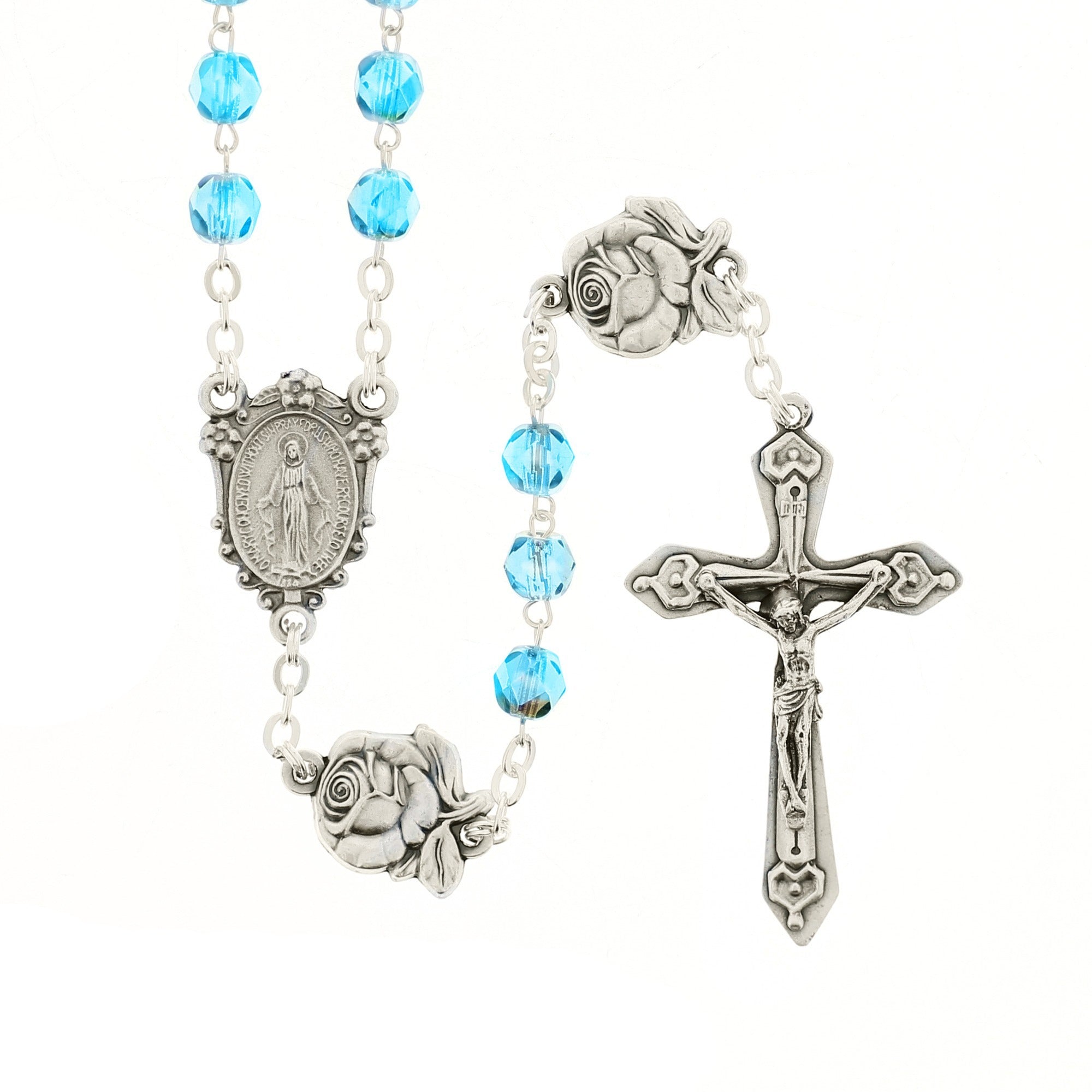 Aqua Miraculous Medal with Roses Rosary