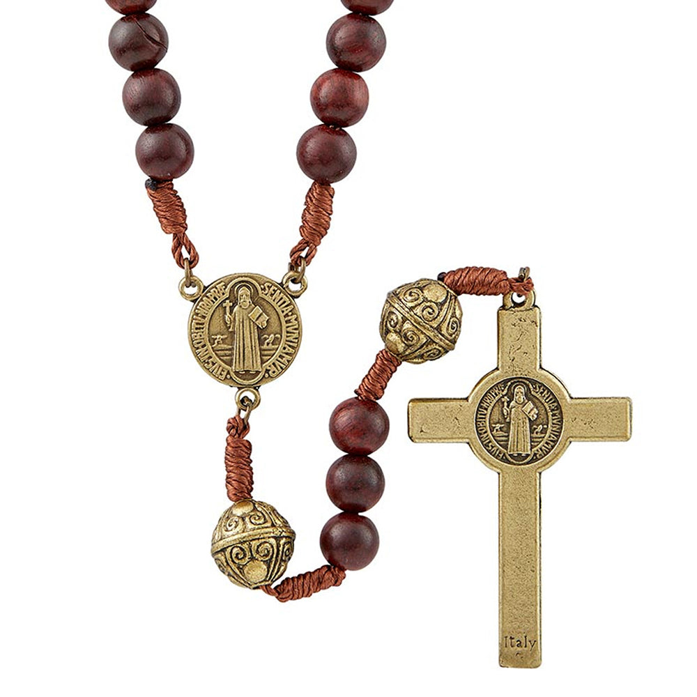 Corded Maple Wood & Antique Gold St. Benedict Rosary