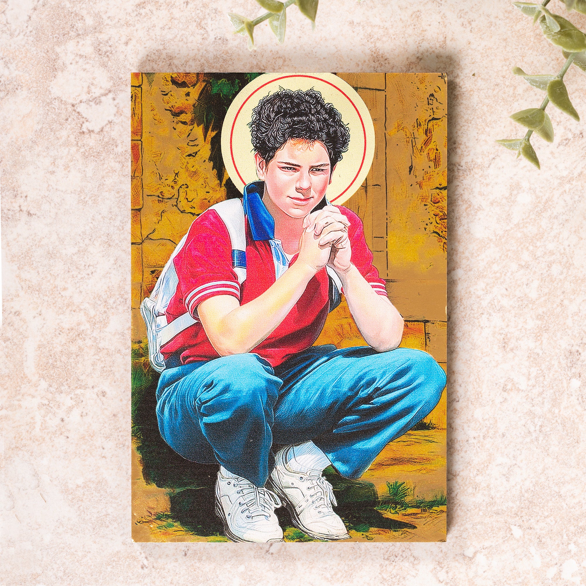 St. Carlo Acutis Sitting in Prayer Laminated Plaque - 5"