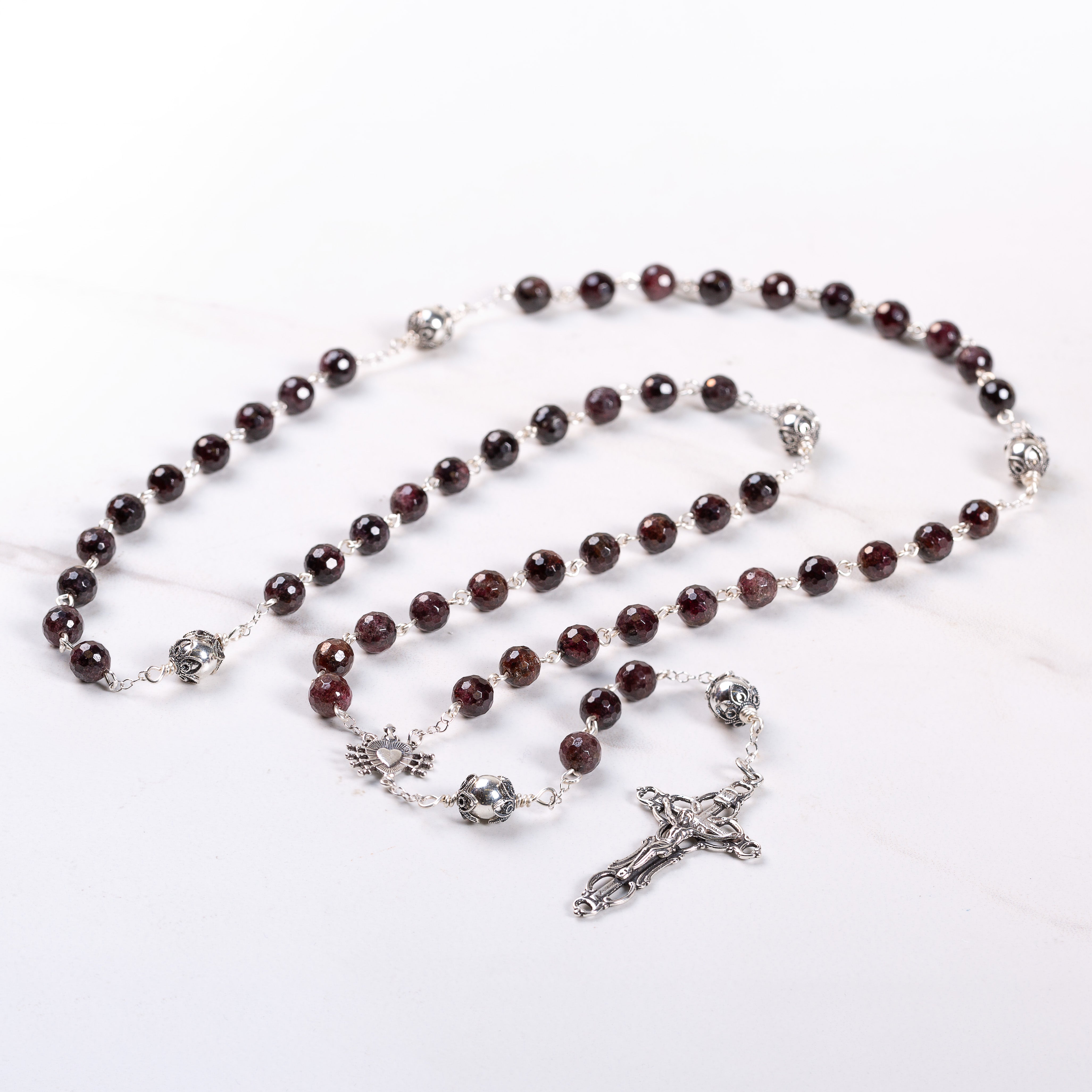 Sterling Silver Seven Sorrows Garnet Rosary, 7mm