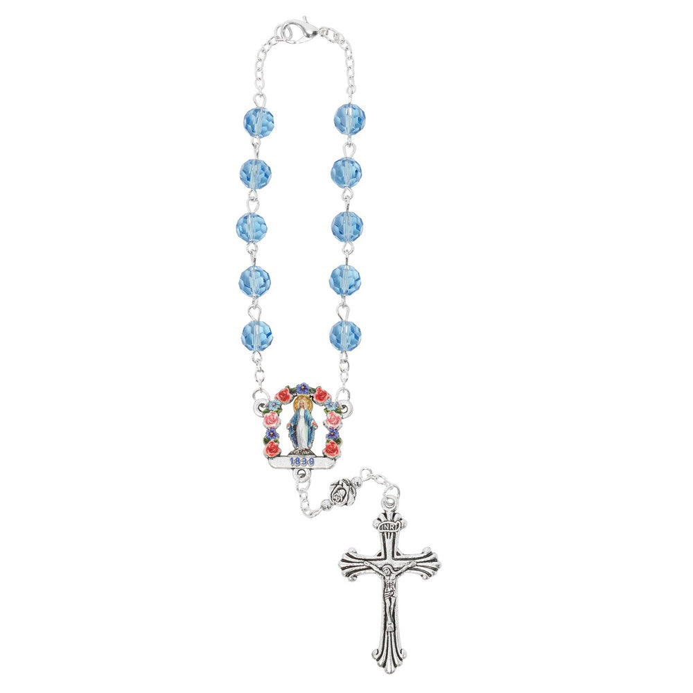 Blue Floral Miraculous Medal Auto Rosary