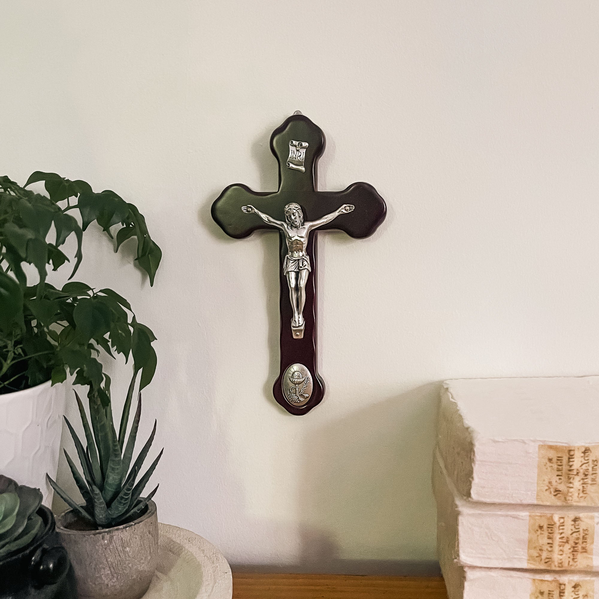 Italian Wall Crucifix with Silver First Communion medal - 8"