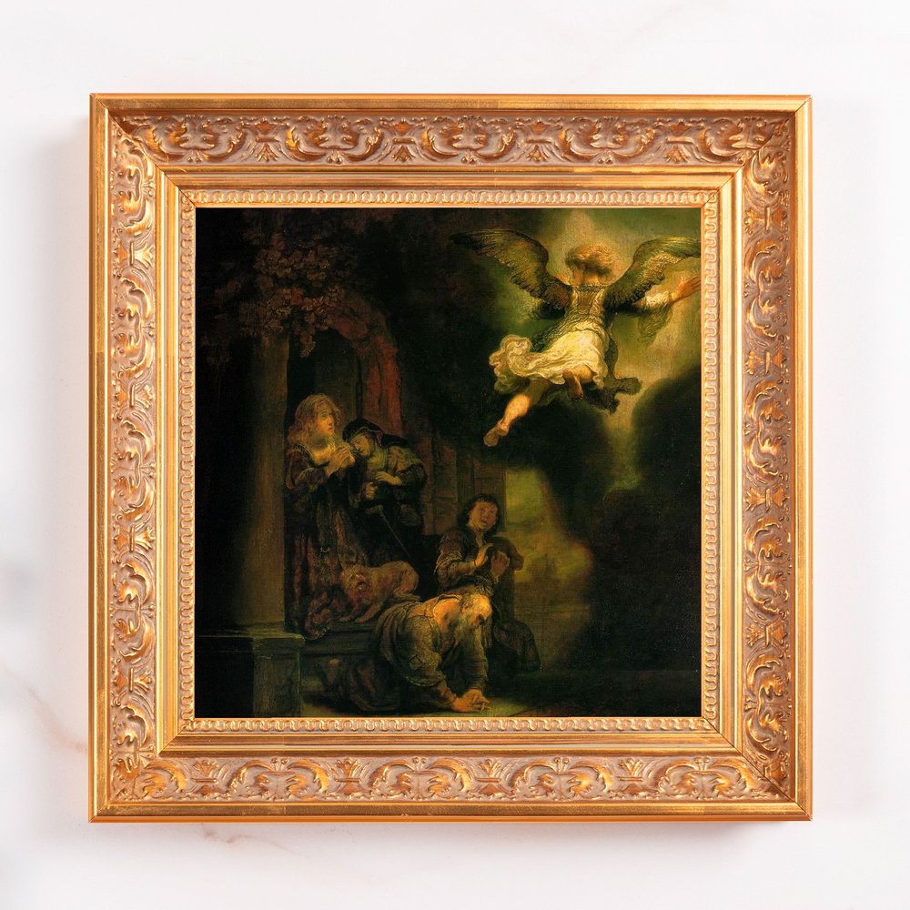 Framed Rembrandt painting depicting an angel visiting shepherds in a baroque style with a gold ornate frame.