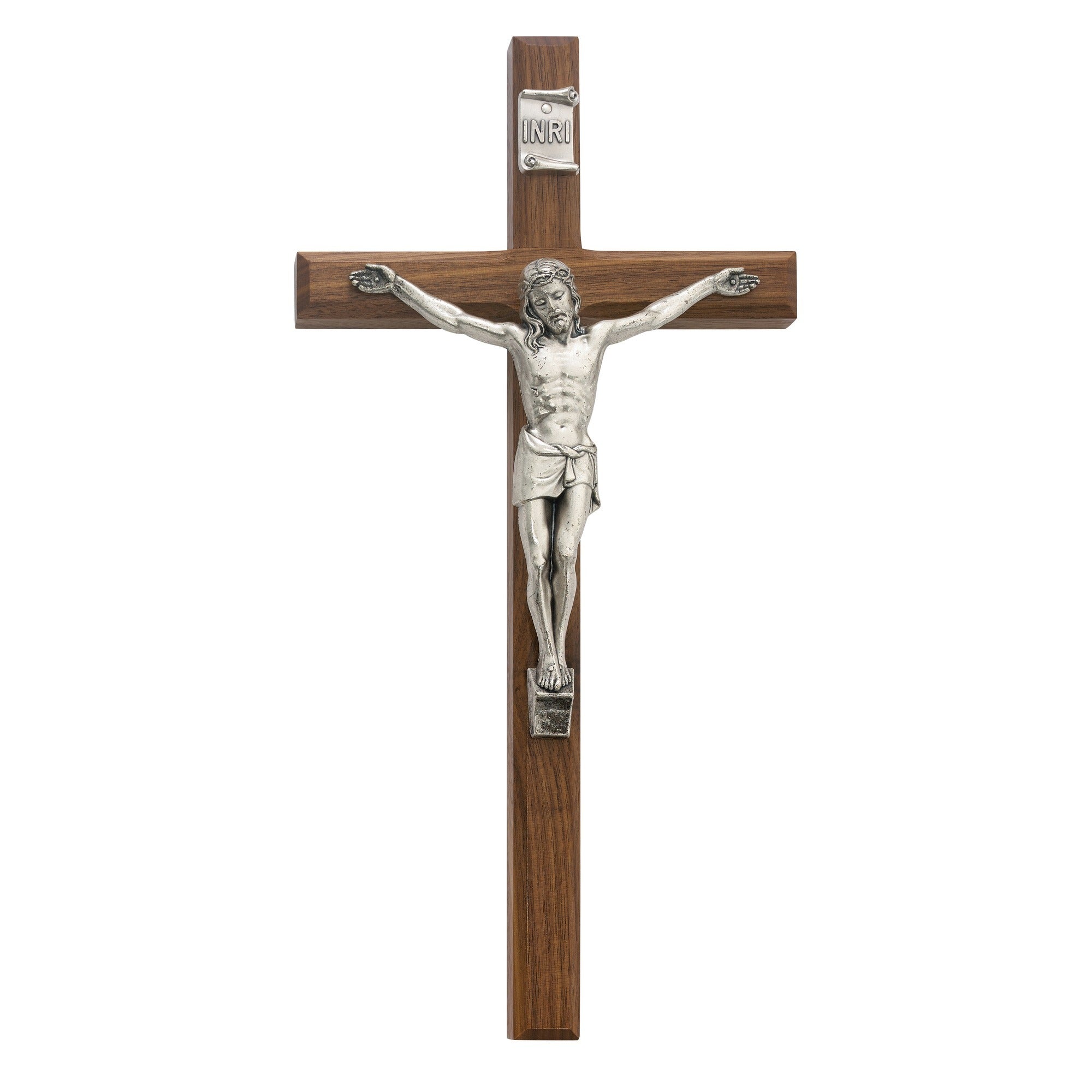 Beveled Walnut Crucifix w/ Silver Corpus - 12"