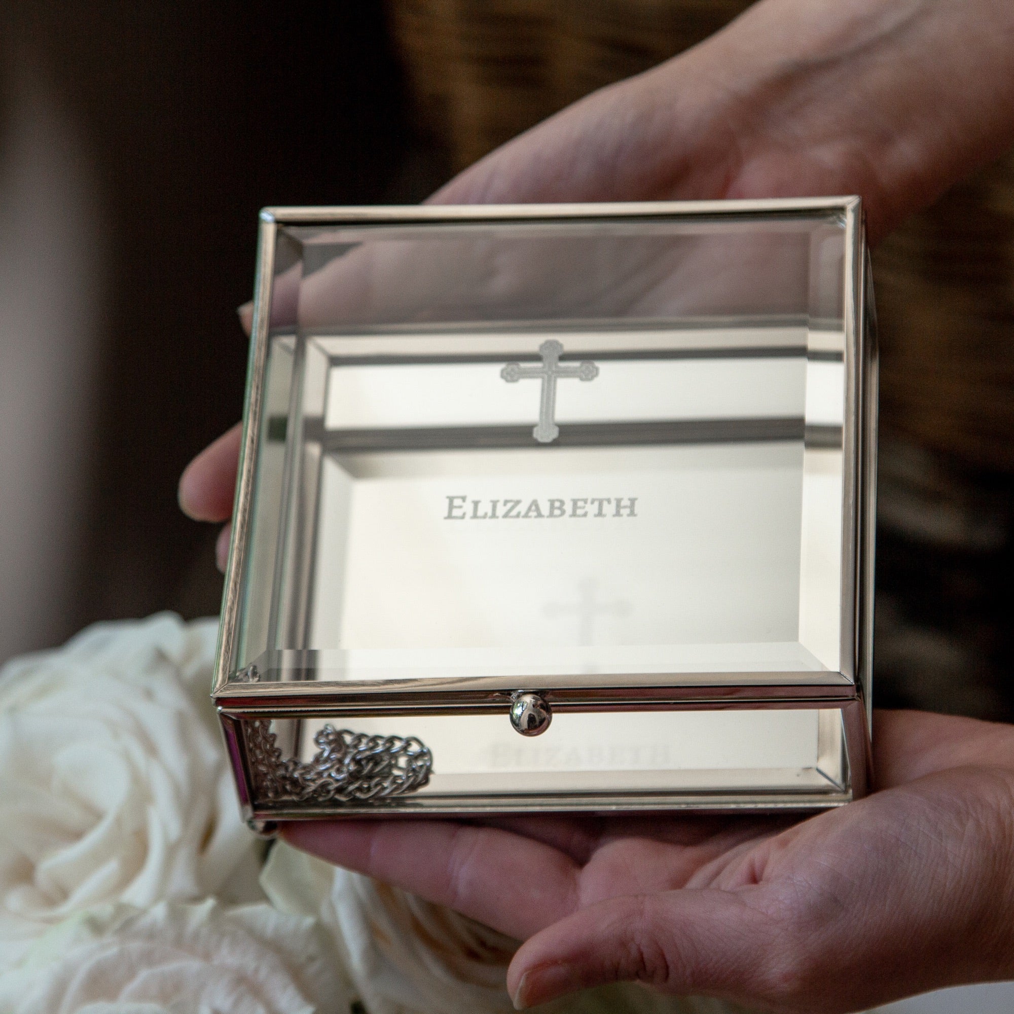 Personalized Elegant Glass Rosary Box - 4.75 inch square