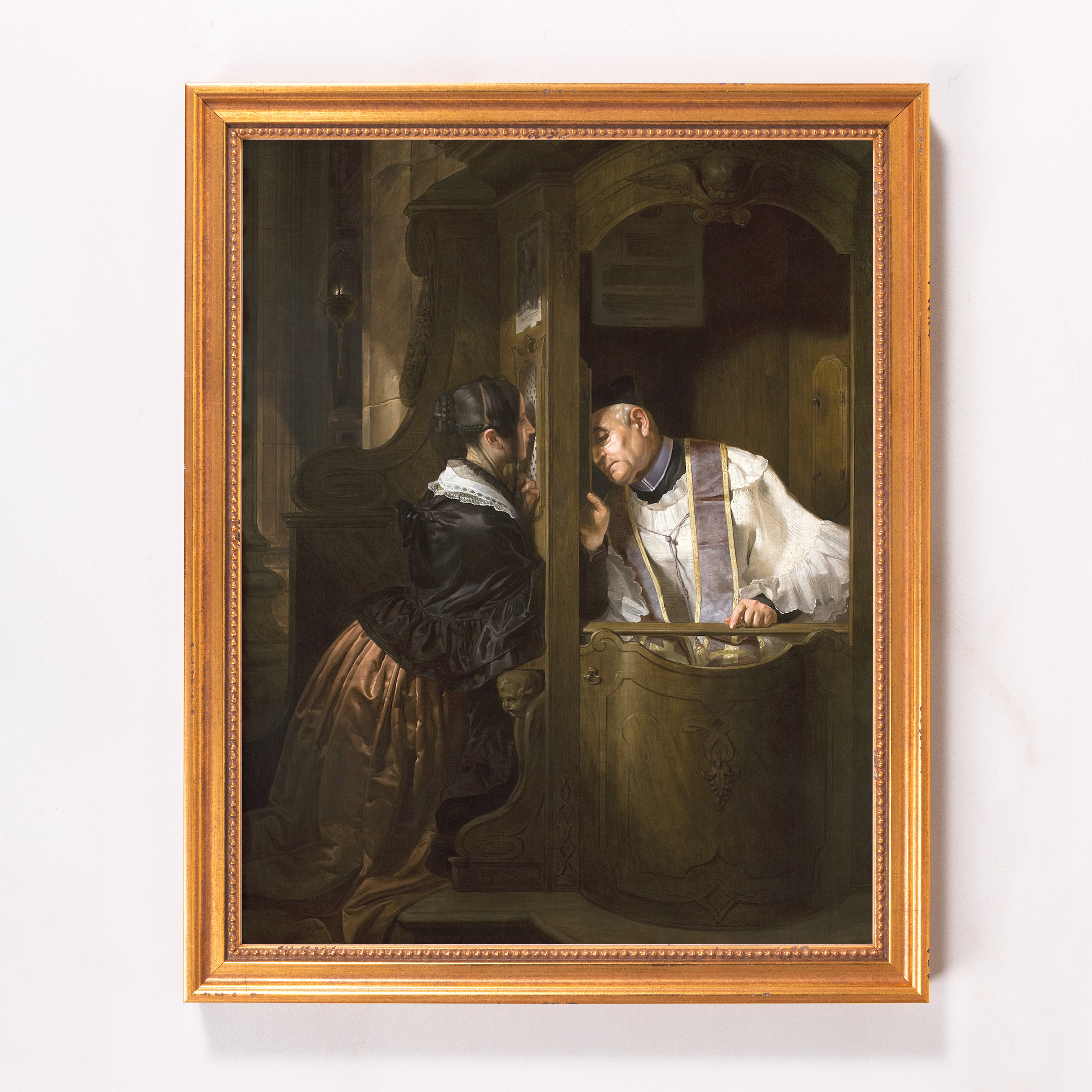 Framed painting depicts a woman confessing to a priest; it's rendered in a dark, classic style with a golden frame.