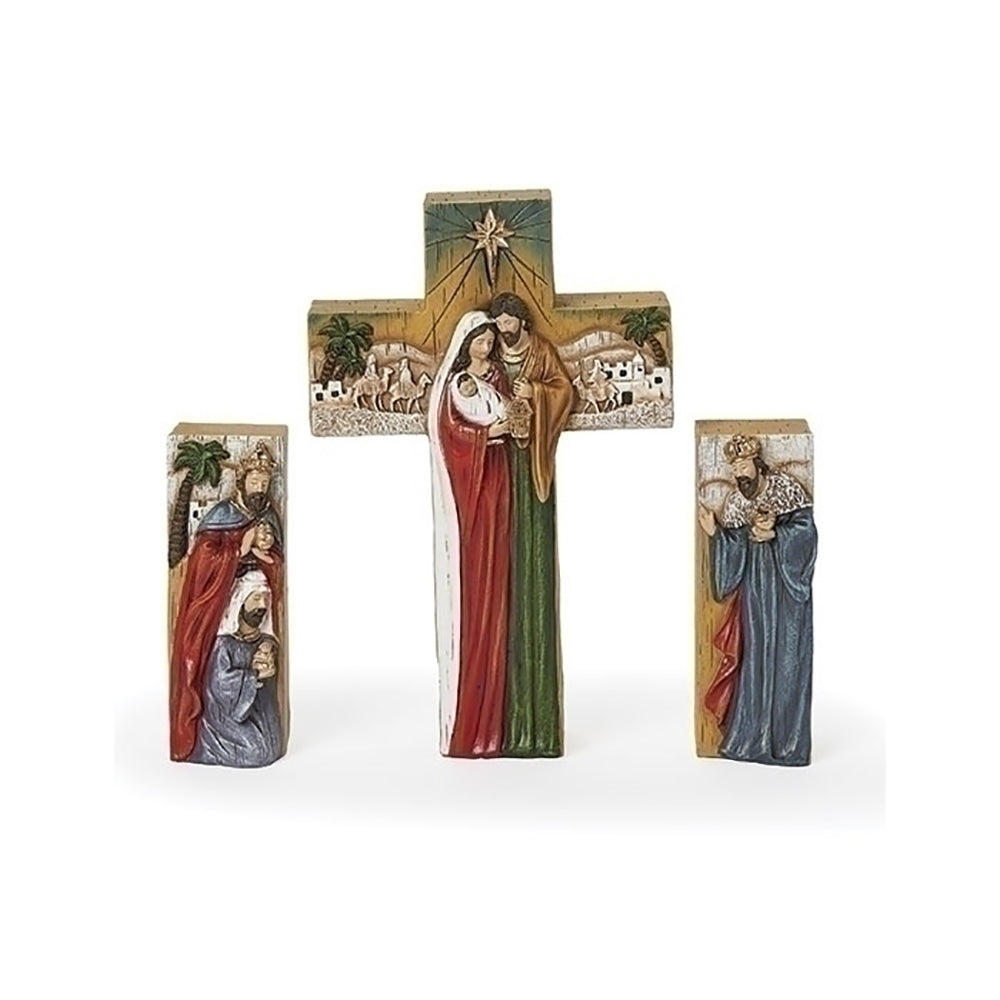 Tabletop Cross & Block Style Nativity Scene - 3 Pieces