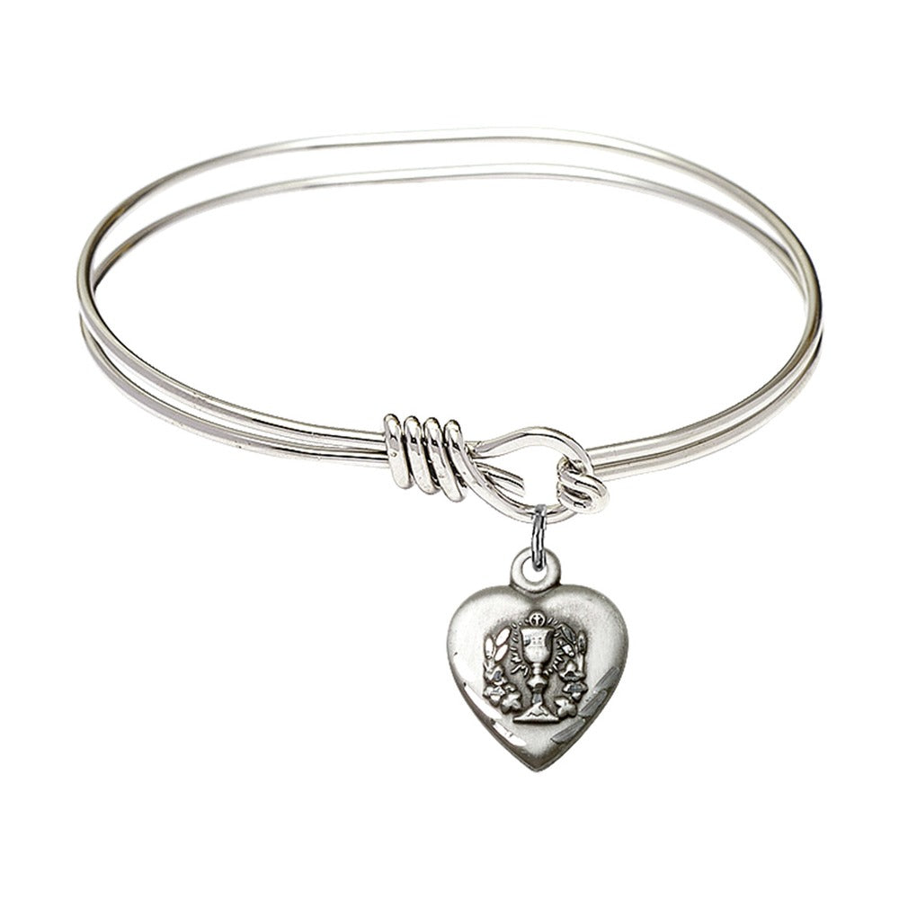 Youth Girl 5 3/4" Rhodium Plated Bangle Bracelet with Heart / First Communion Charm