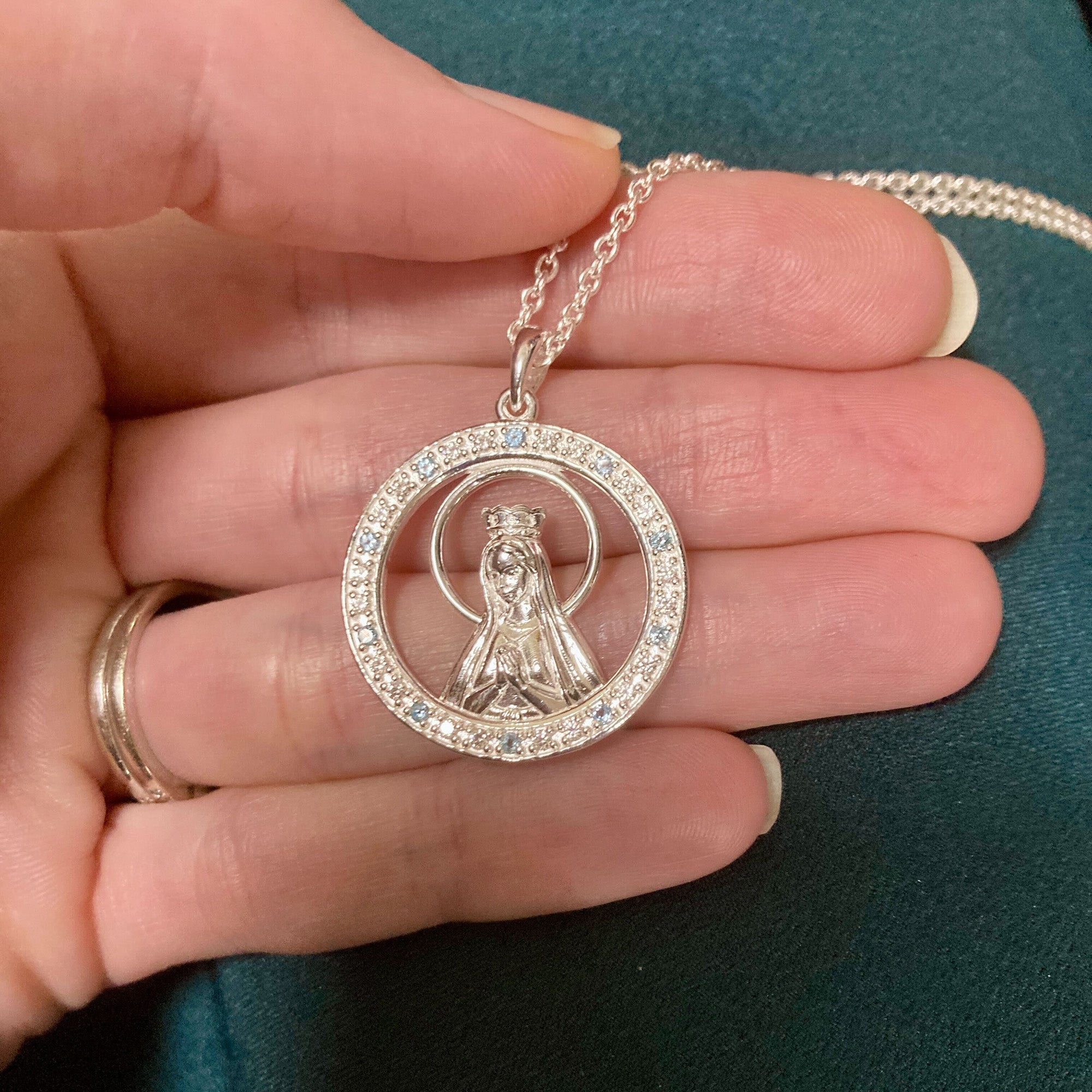 Sterling Silver & Blue Topaz Mary Queen of Heaven Necklace