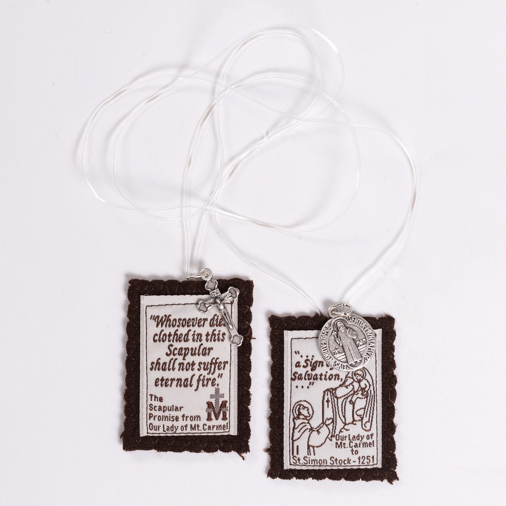Handmade Brown Scapular with Clear Cord & Medals - 18"