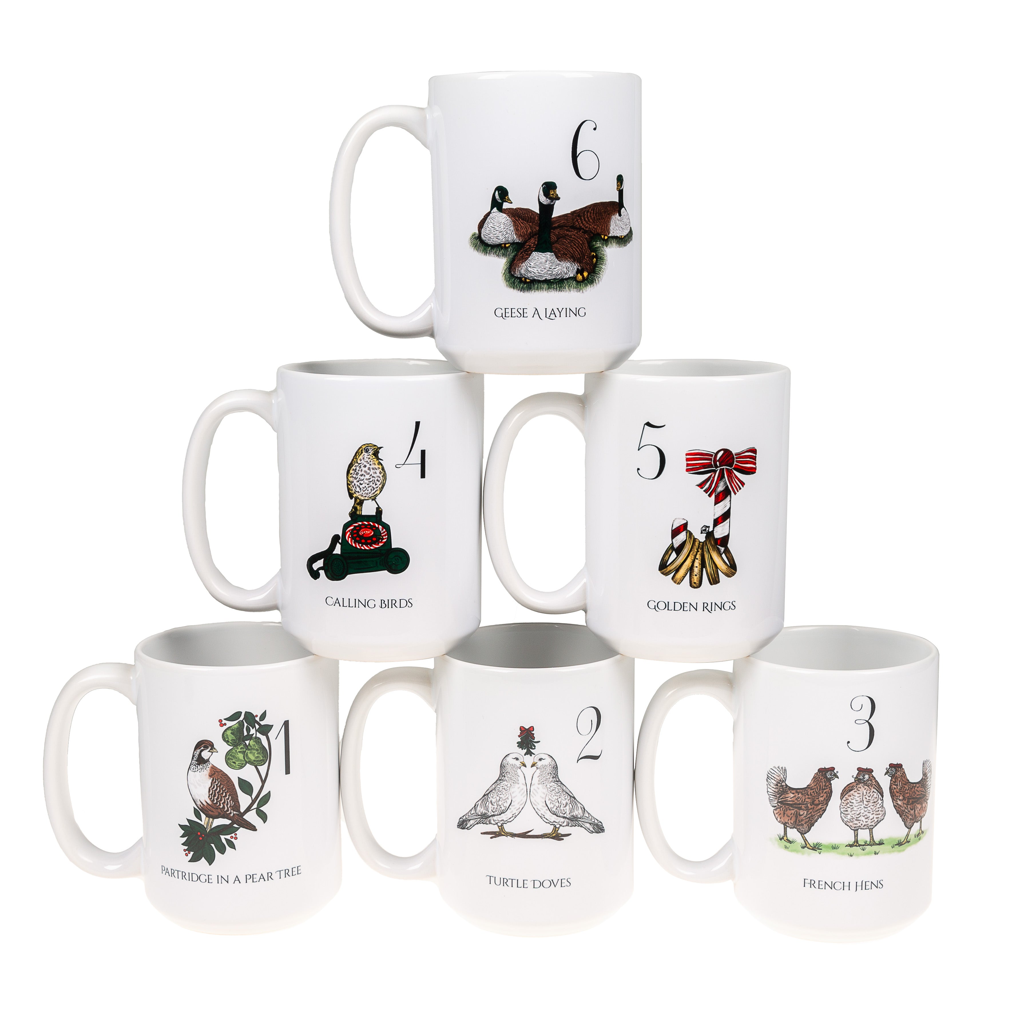 12 Days of Christmas Printed Mugs - Set of 6