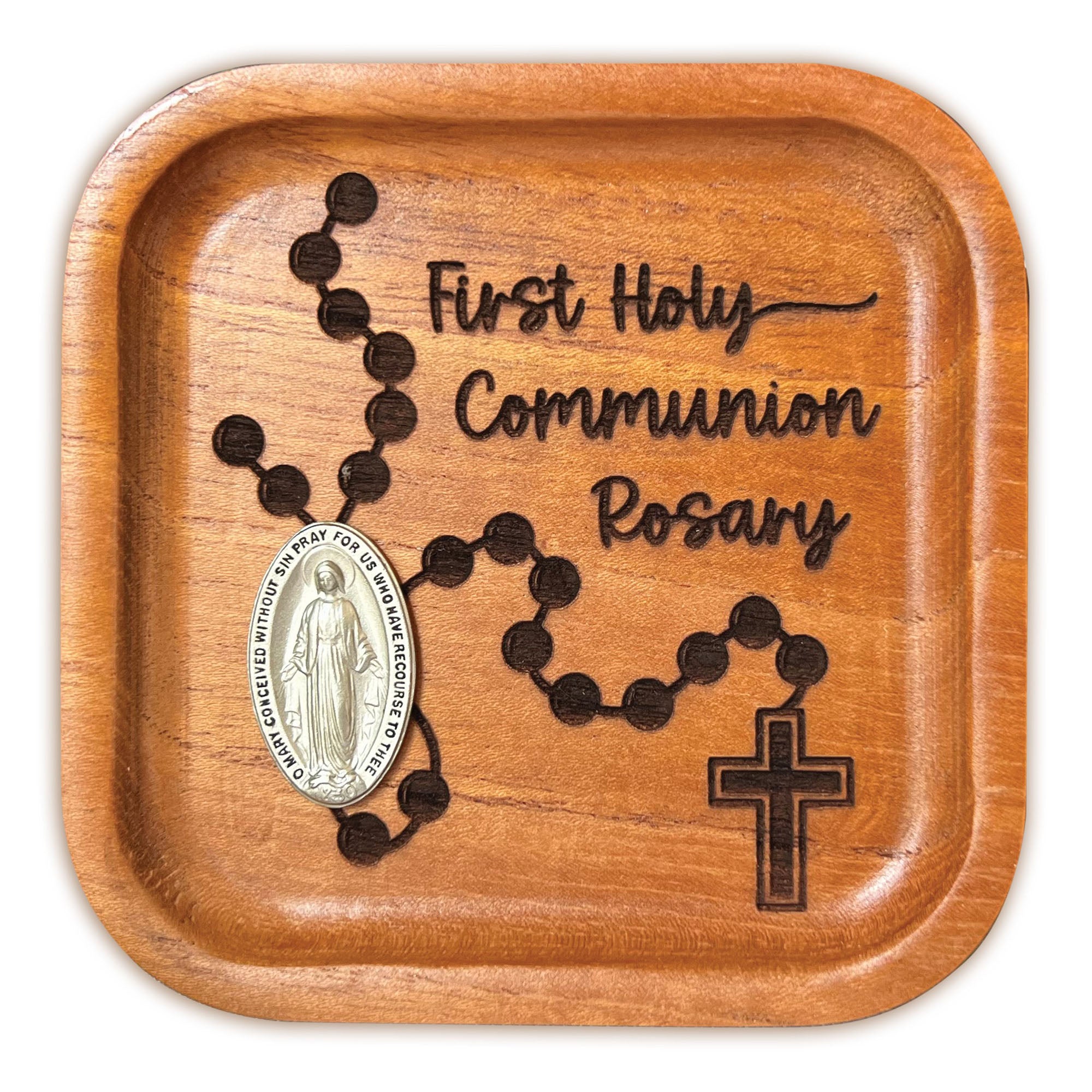 First Communion Laser Engraved Cedar Trinket Dish With Miraculous Medal