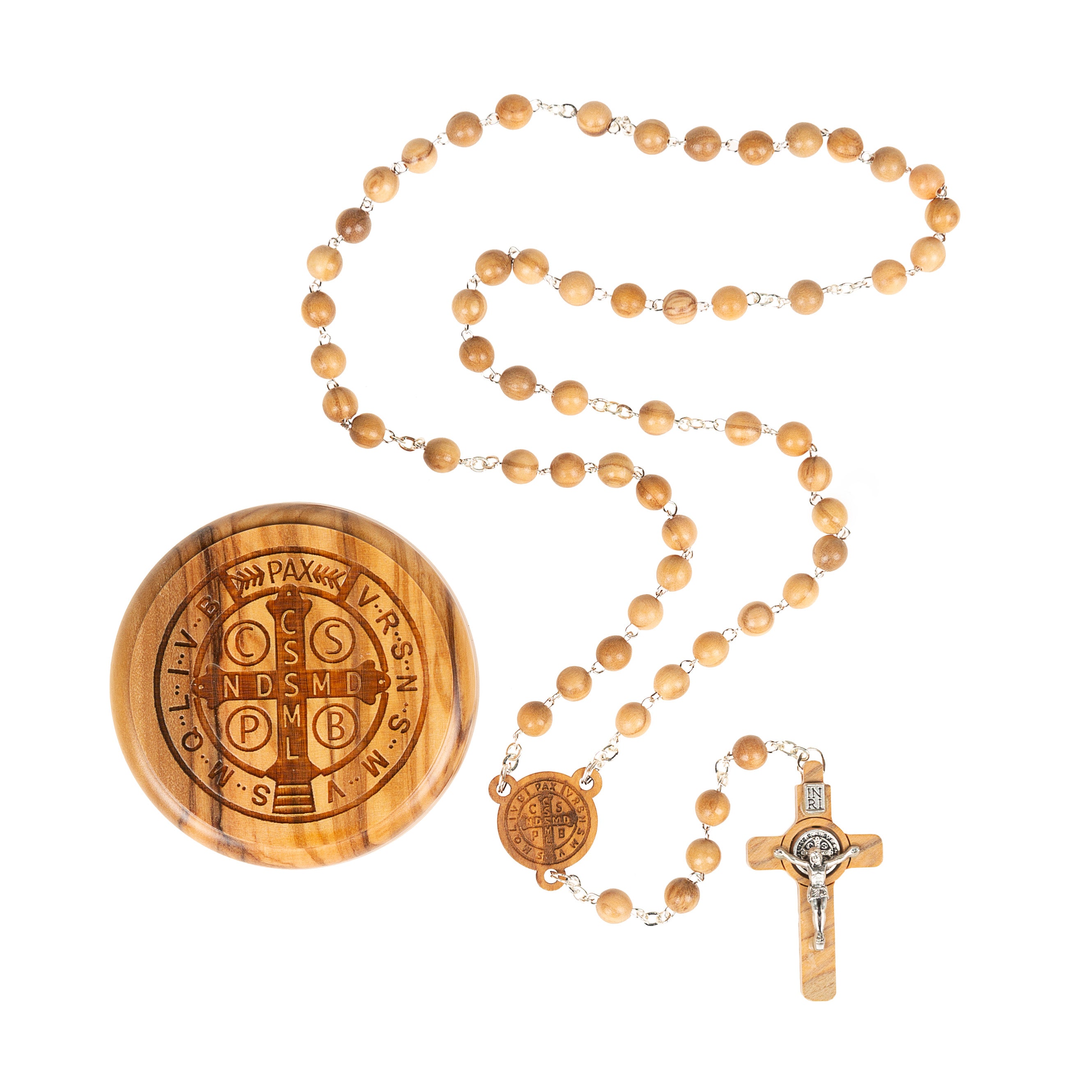 Olive Wood St. Benedict Rosary in Hand Carved Box