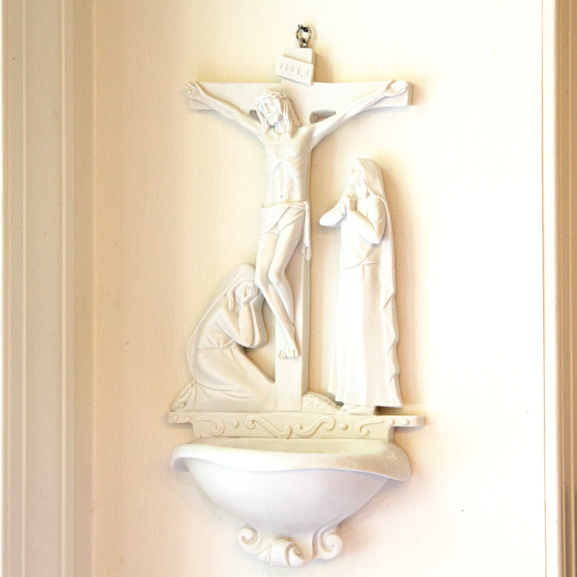 Italian White Alabaster Crucifixion Holy Water Font