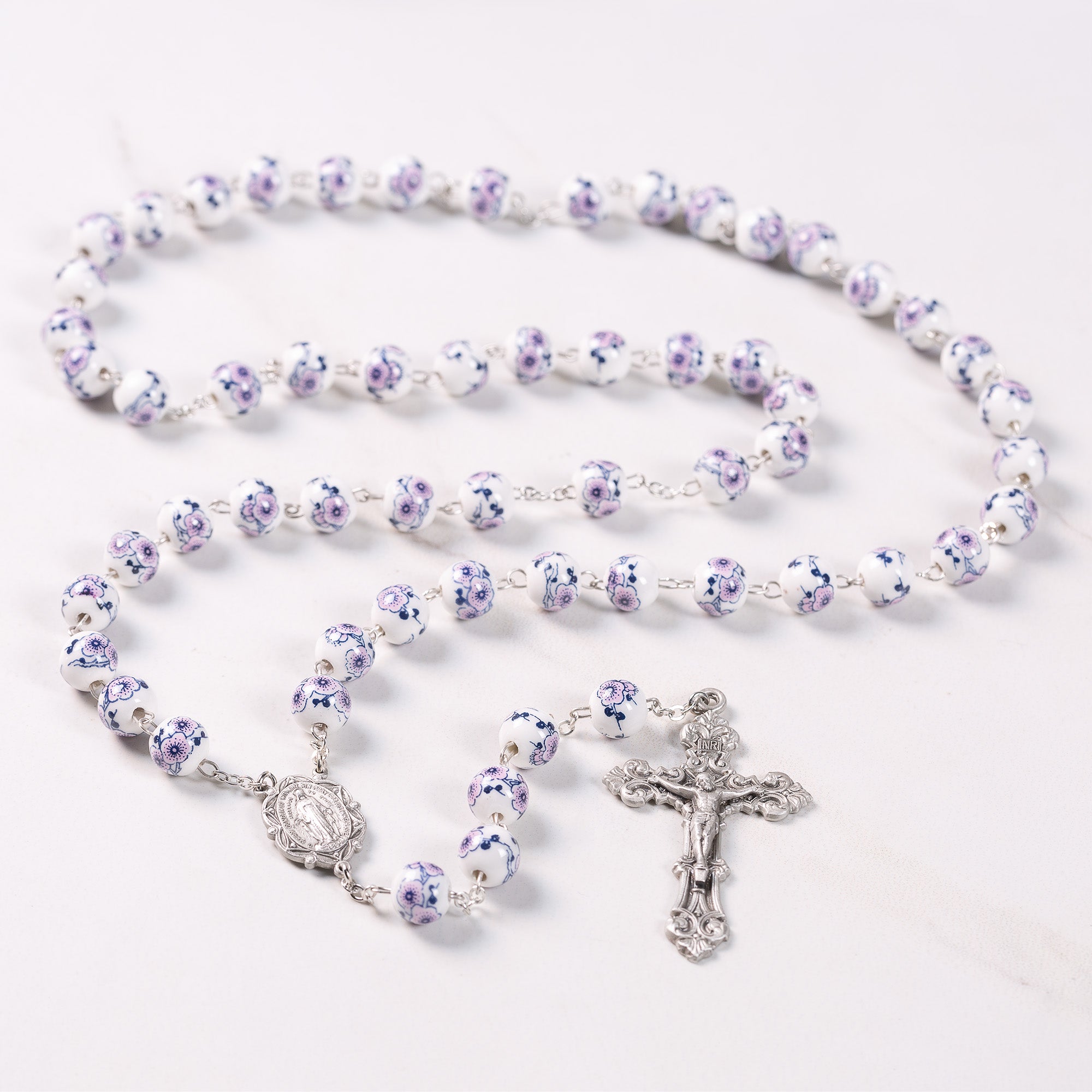 White & Violet Flower Bead New England Pewter Rosary