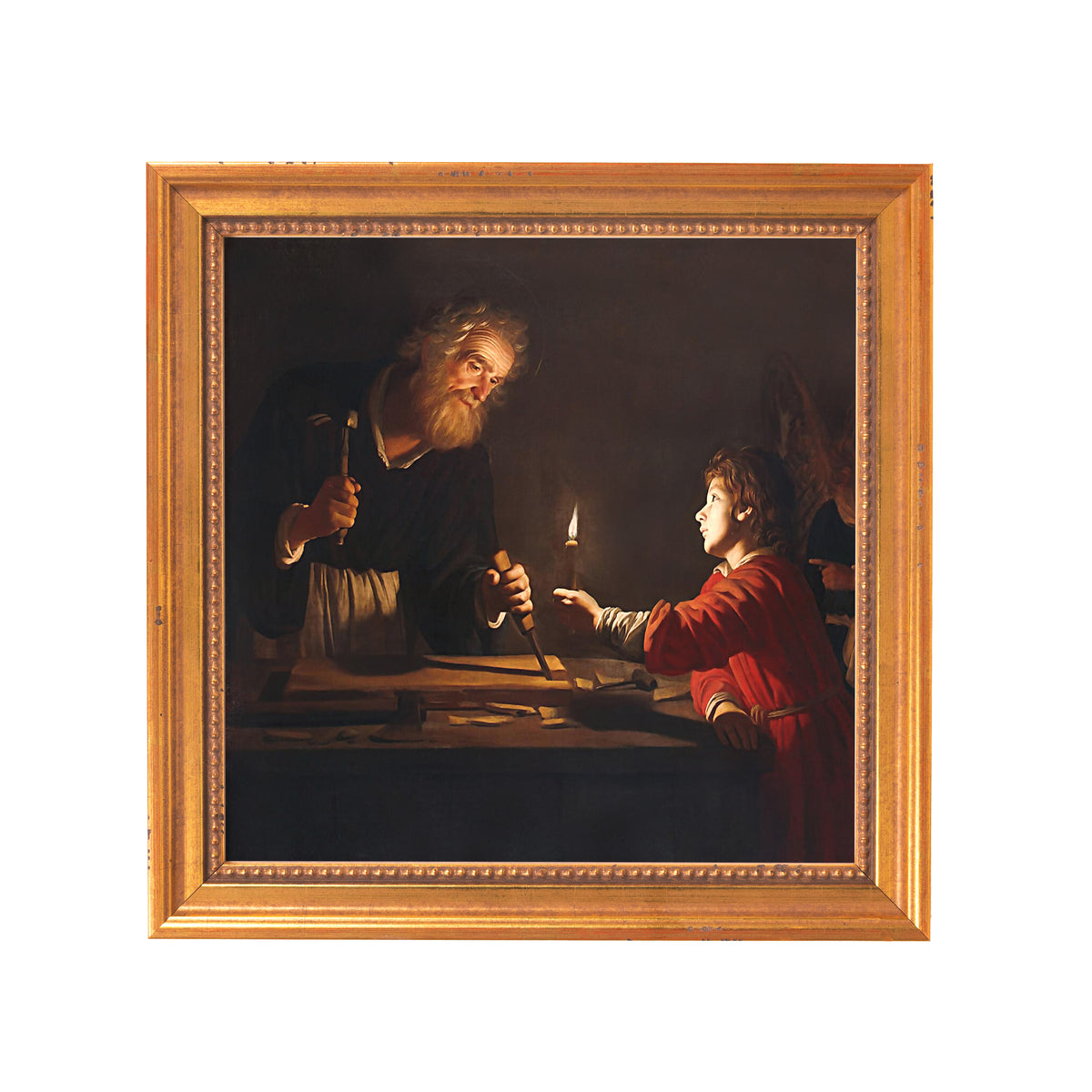 Framed painting shows carpenter and boy with candle.