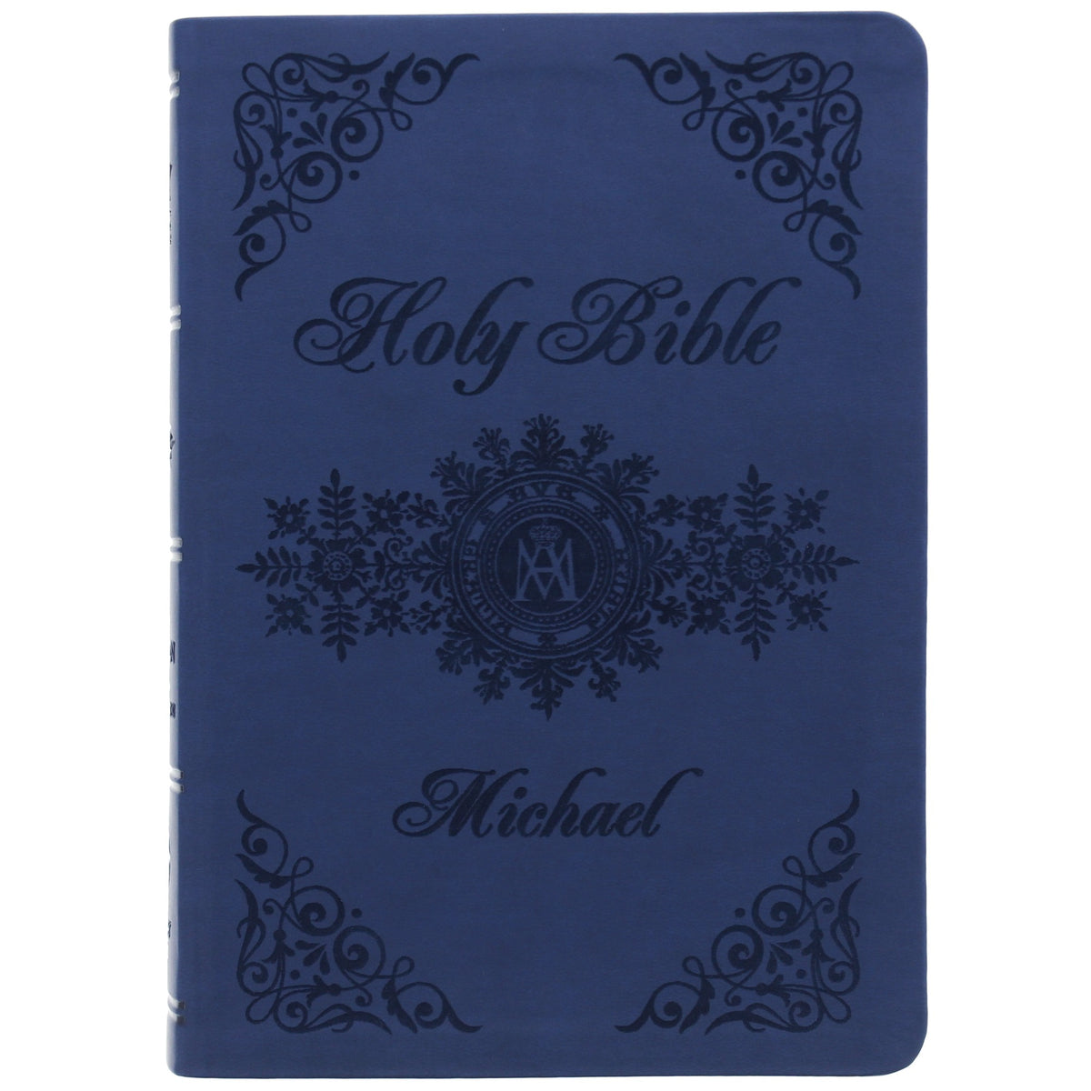Holy Bible, blue cover with dark floral accents and the name Michael.