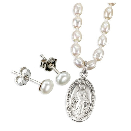 Miraculous Medal Freshwater Pearl Necklace & Earrings