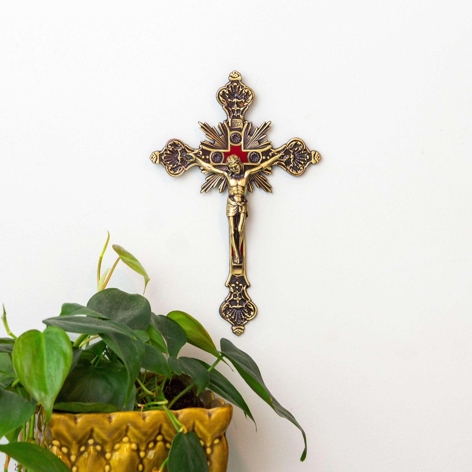 Ornate Bronze Wall Crucifix with Red Inlay - 8"