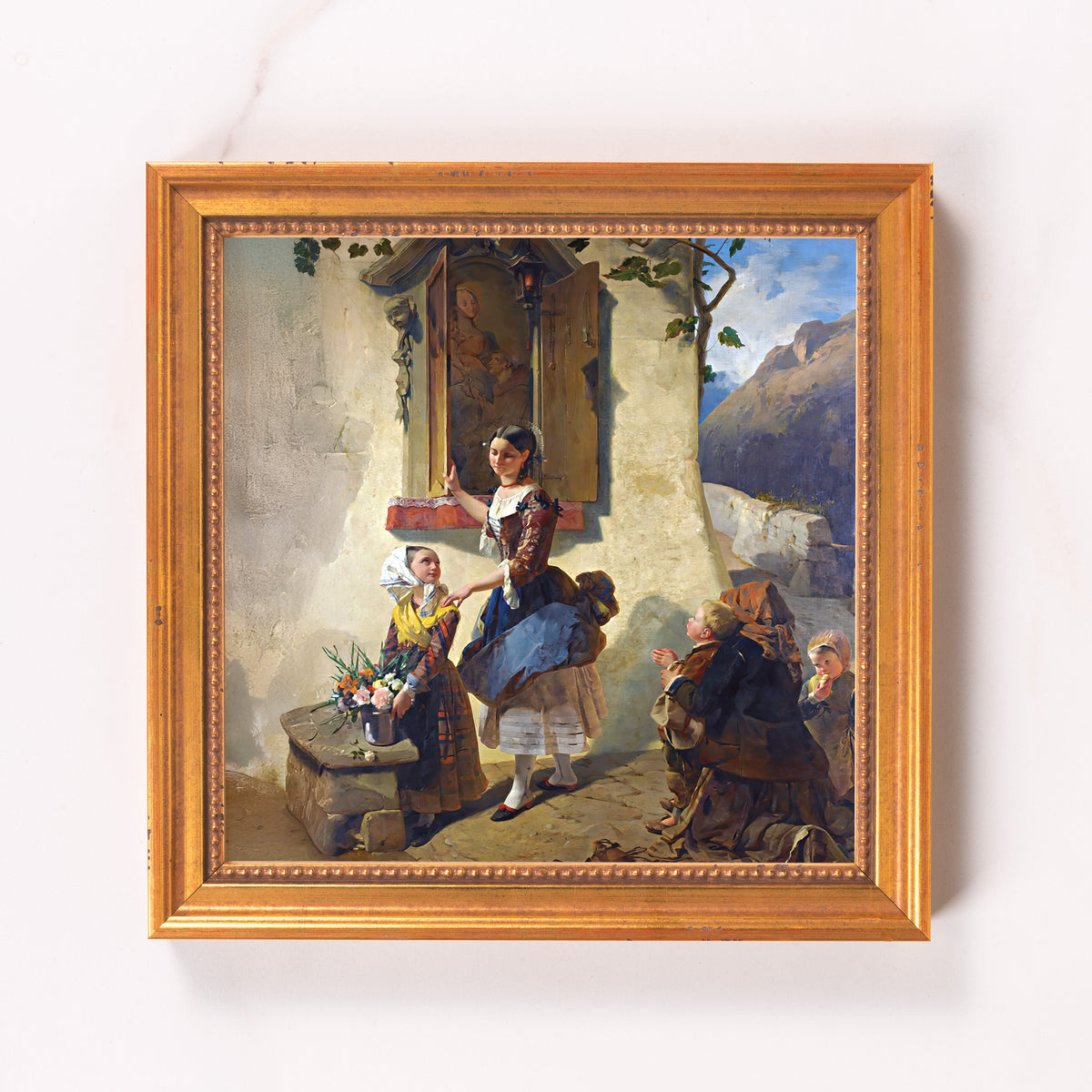Framed painting shows people gathering at a building to look at a woman, rendered with oil paints in a realistic style.