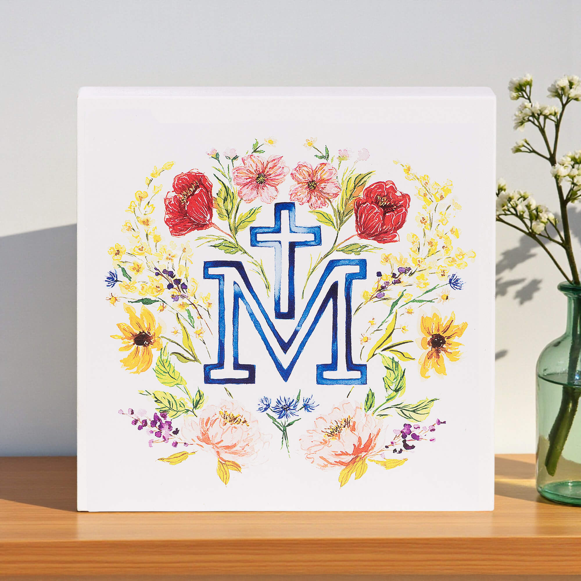 Floral Marian Cross Wood Block Sign
