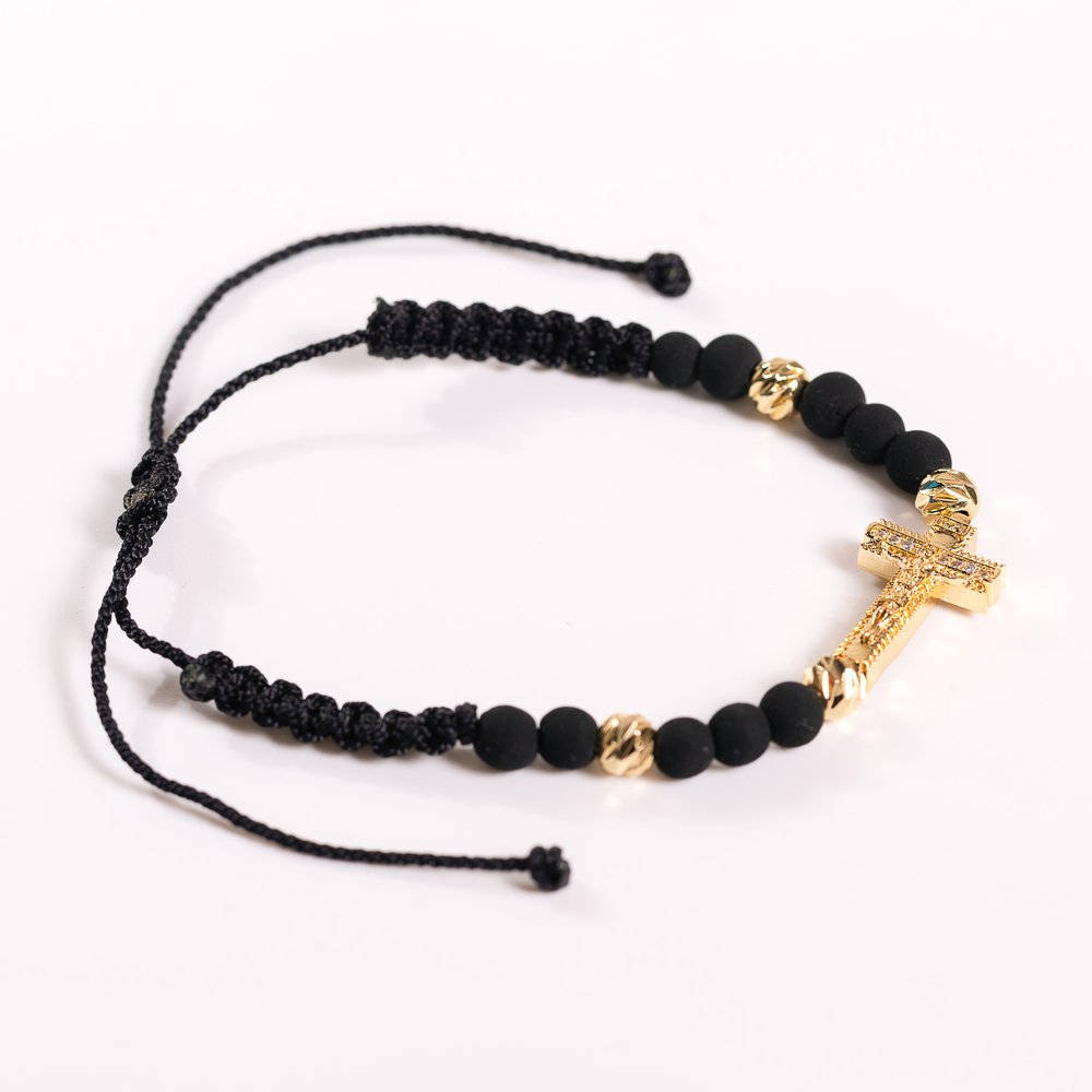 Black Cord Bracelet with Gold Crucifix