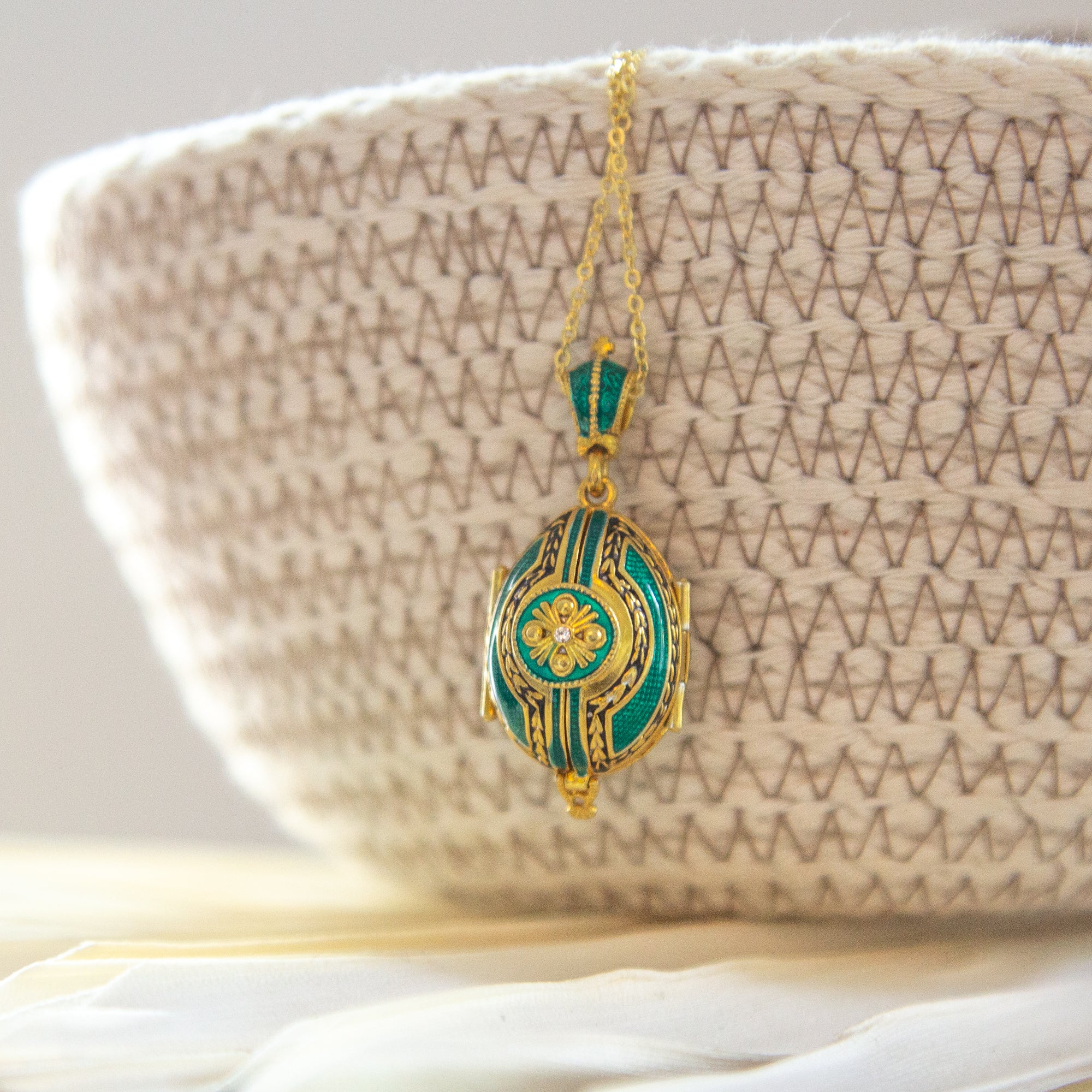 Emerald Green Faberge-Style Egg Locket With Icon and Angels (18" chain)