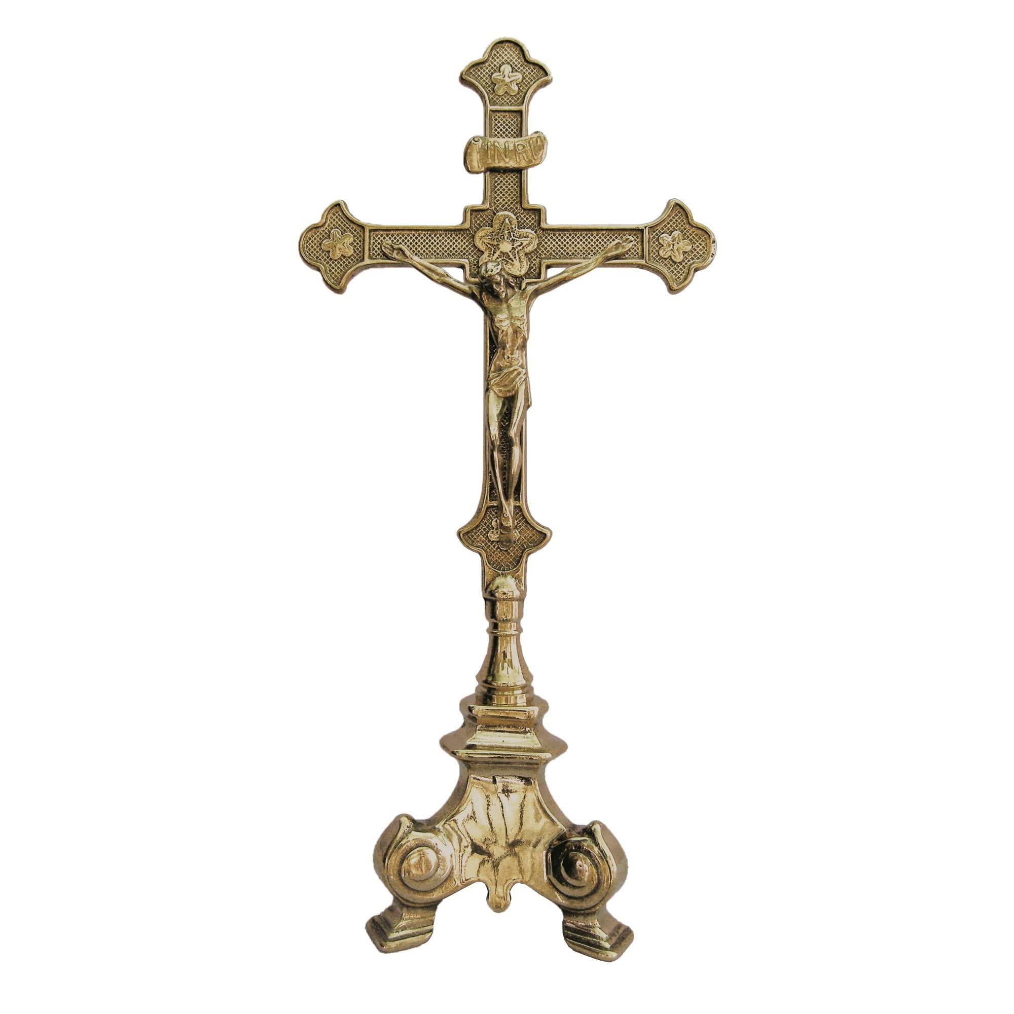 Heavy Three Point Brass Base Crucifix - 13 1/4 inches