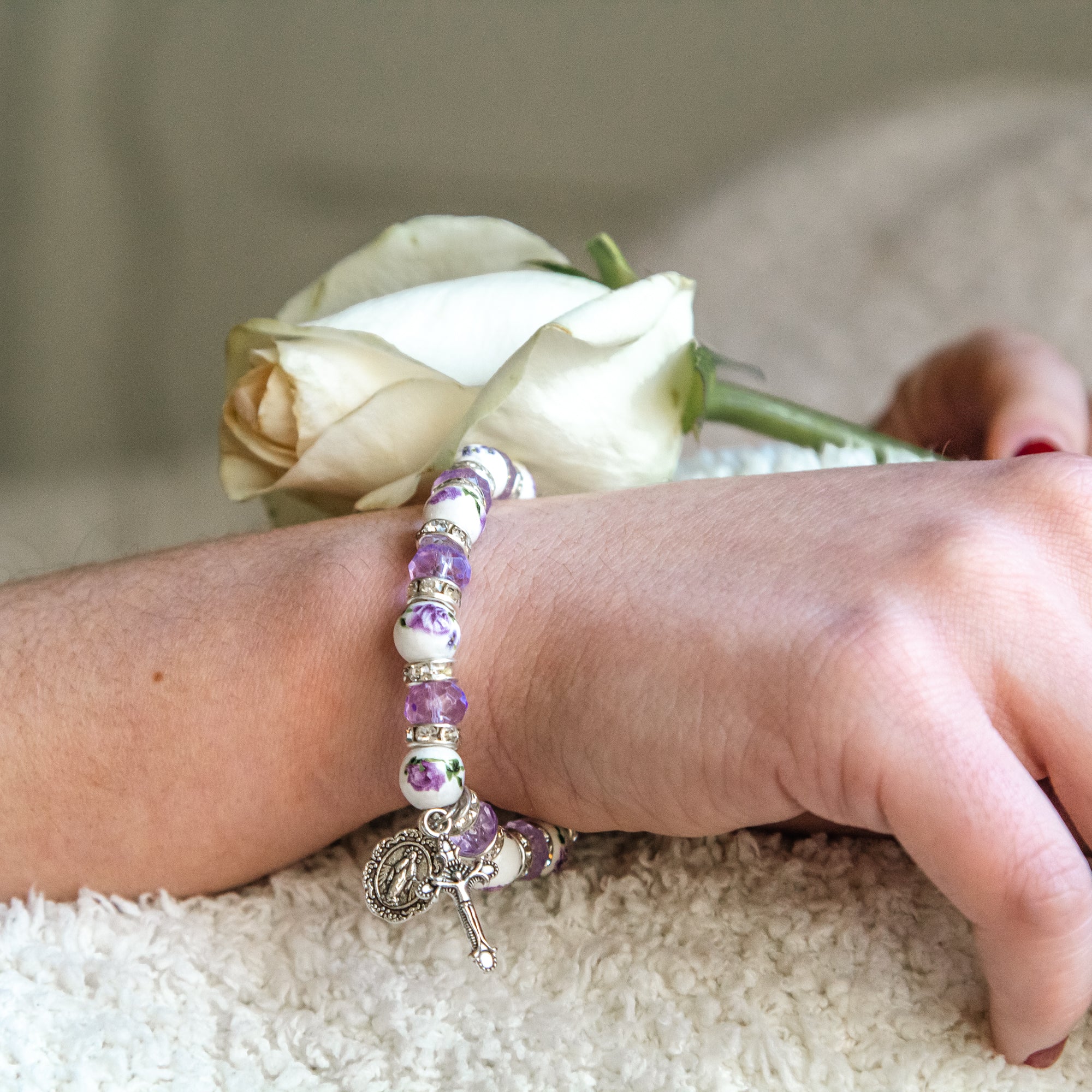 Lavender Crystal & Ceramic Floral Bracelet