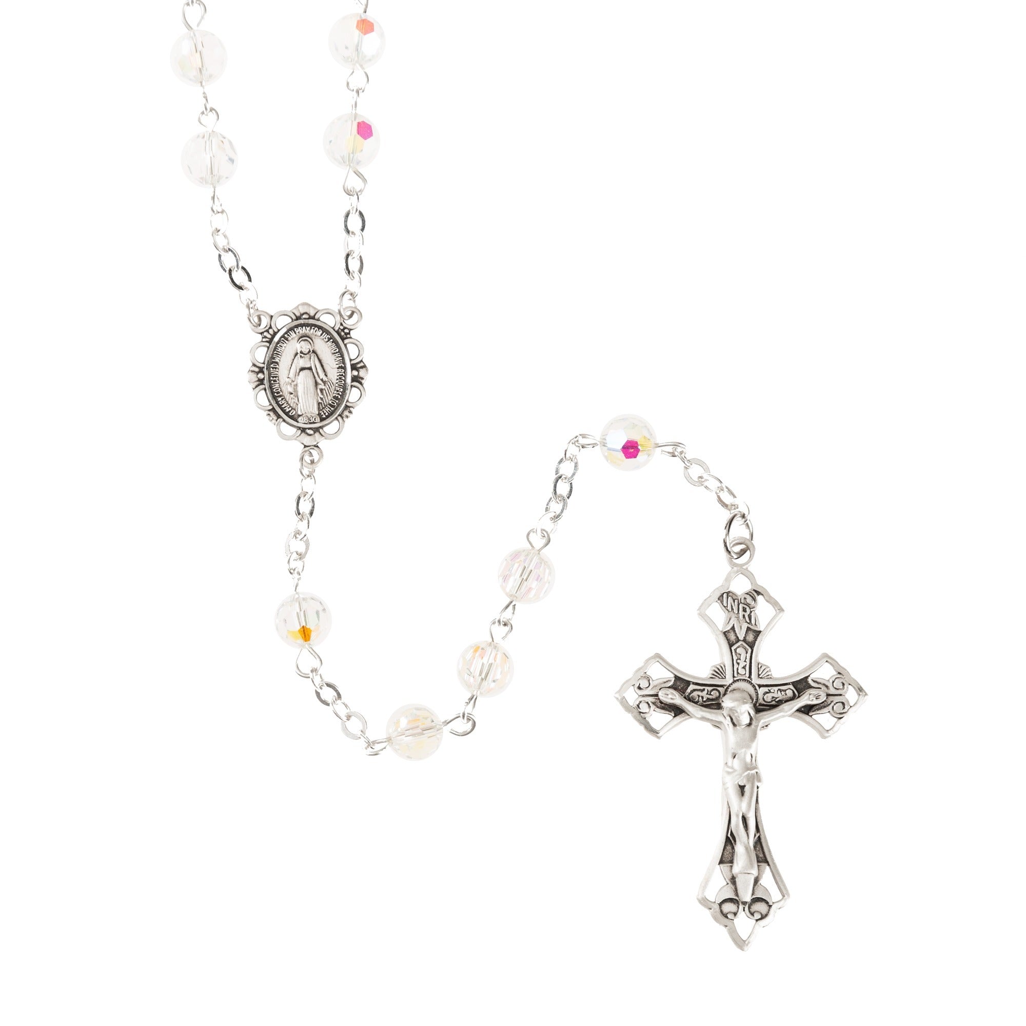 Swarovski Clear Crystal Aurora Borealis and Sterling Rosary
