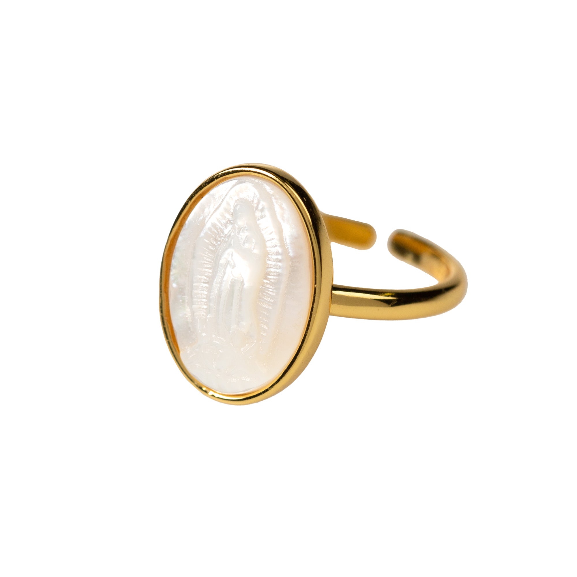 Adjustable Gold Over Silver Mother of Pearl Guadalupe Ring
