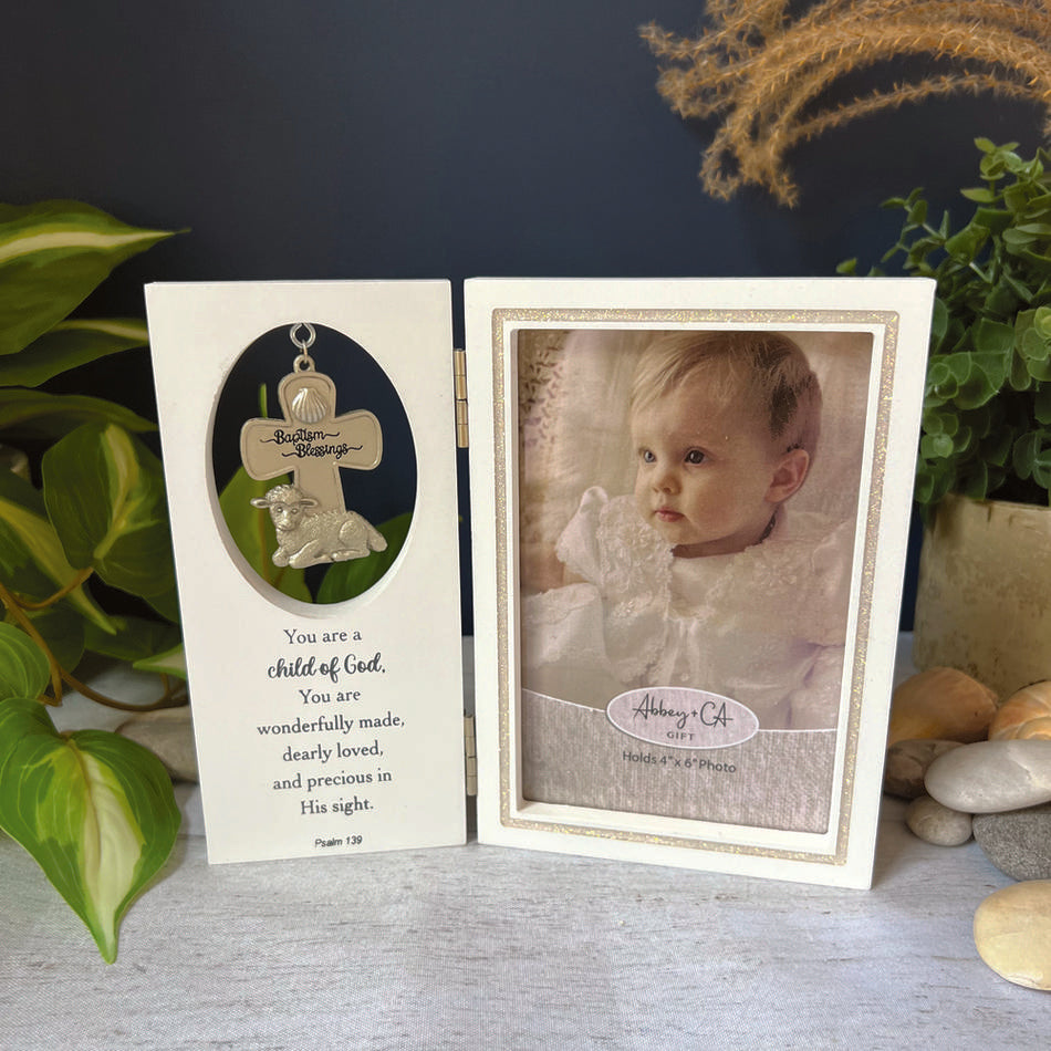 Baptism Blessings Frame with Hanging Cross Charm - 6.5" x 7.5"