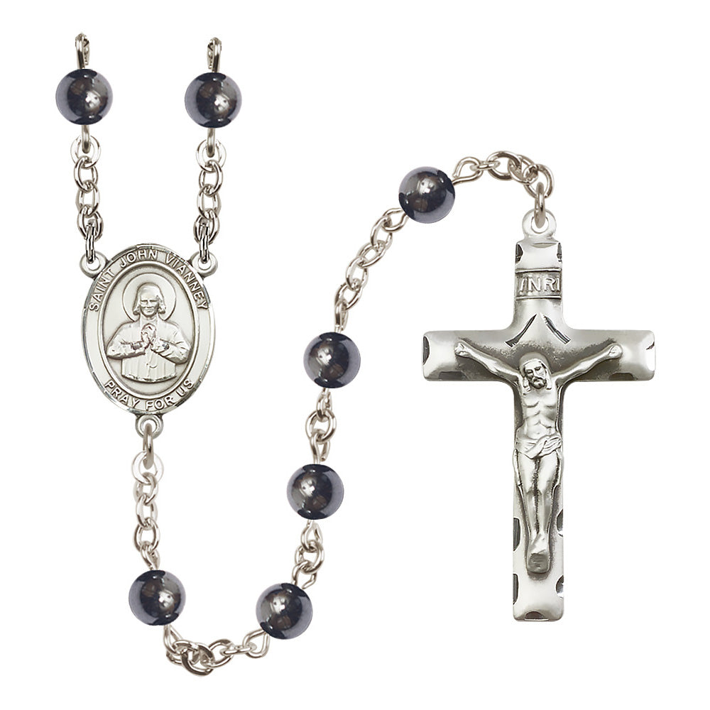 Silver Plated St. John Vianney Hematite Rosary