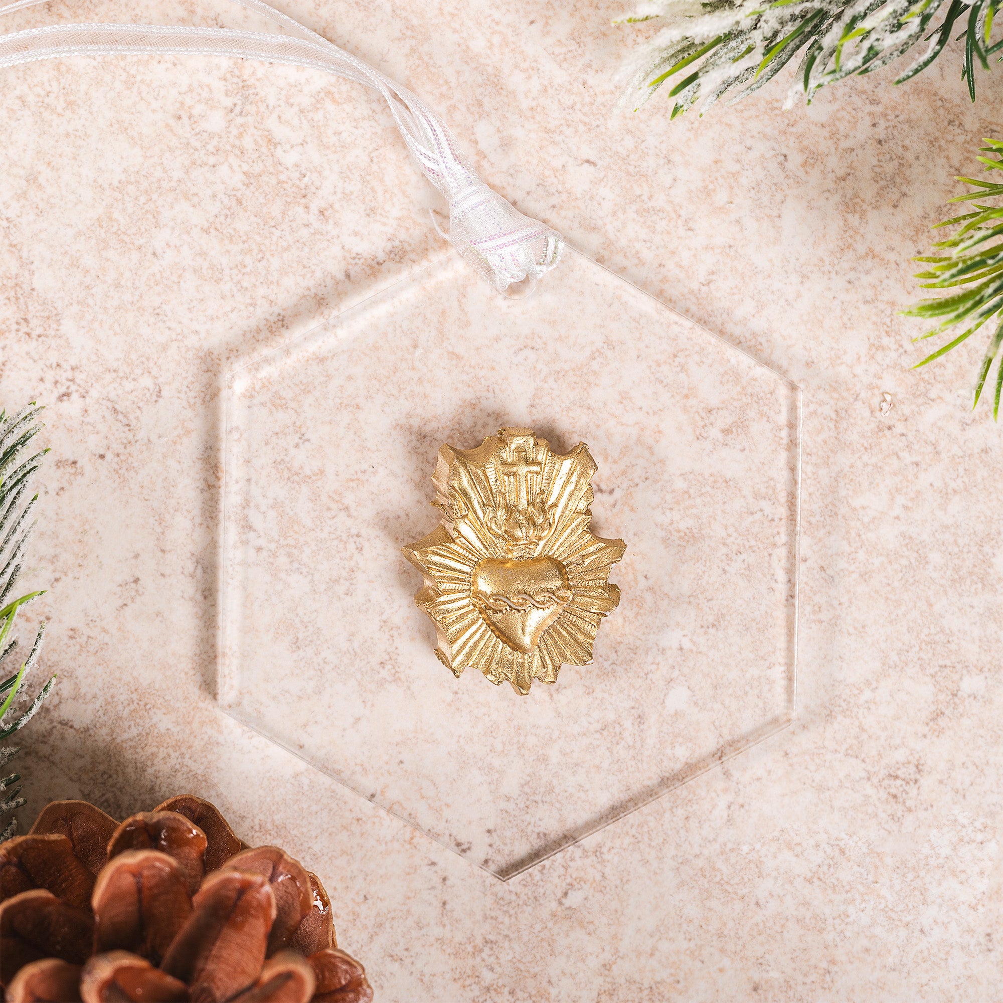 Gold Acrylic Sacred Heart Ornament