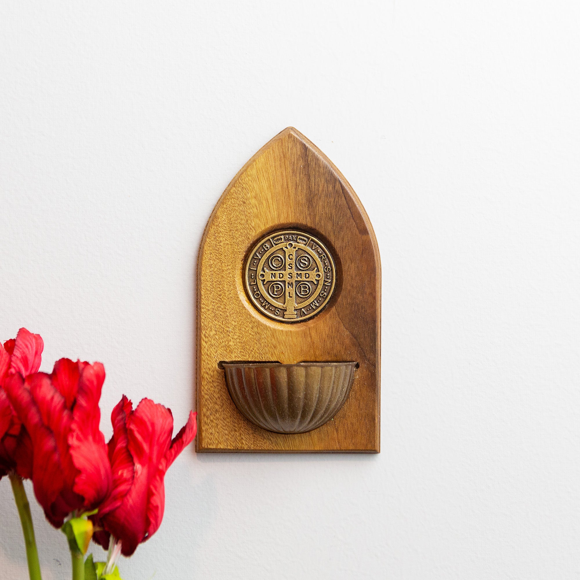 Wood & Antique Gold St. Benedict Holy Water Font