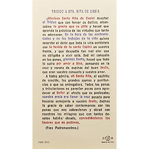 Triduo a Santa Rita de Casia (St. Rita) – Spanish Prayer Card