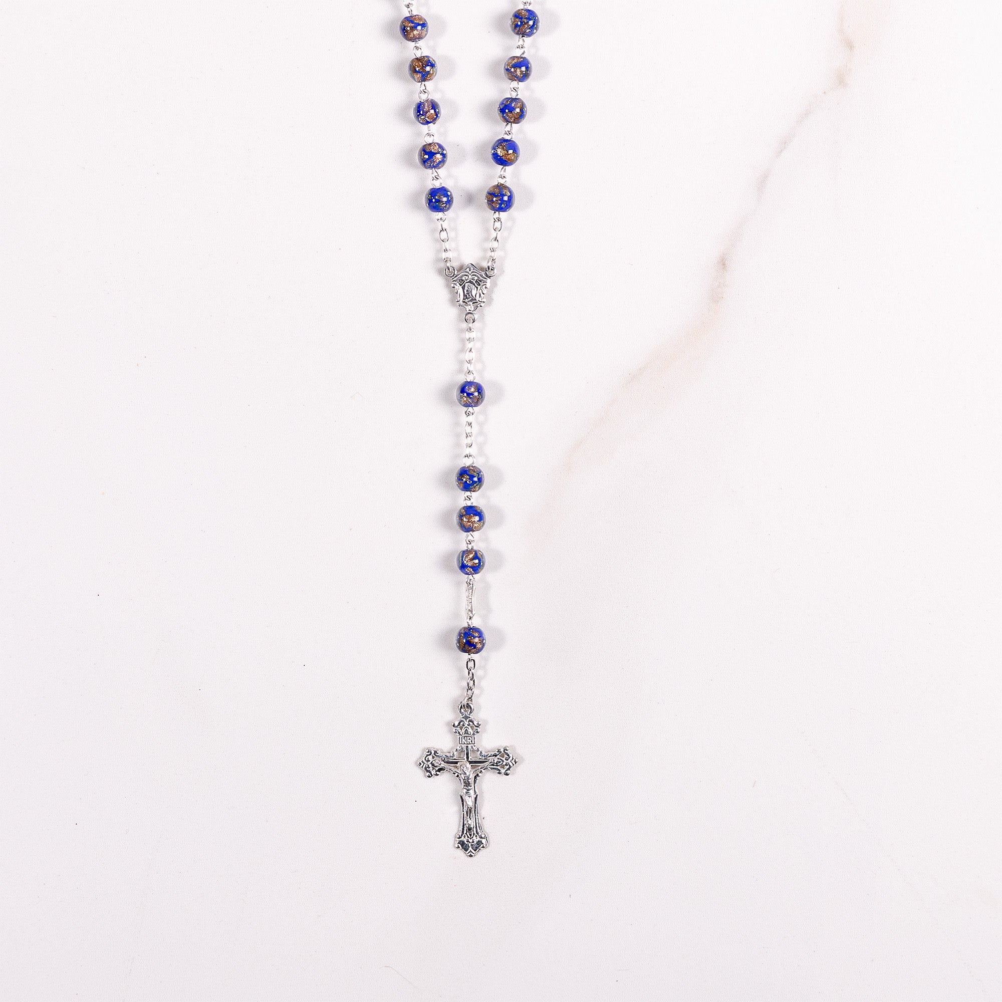 Italian Sterling Blue & Gold Glass Rosary