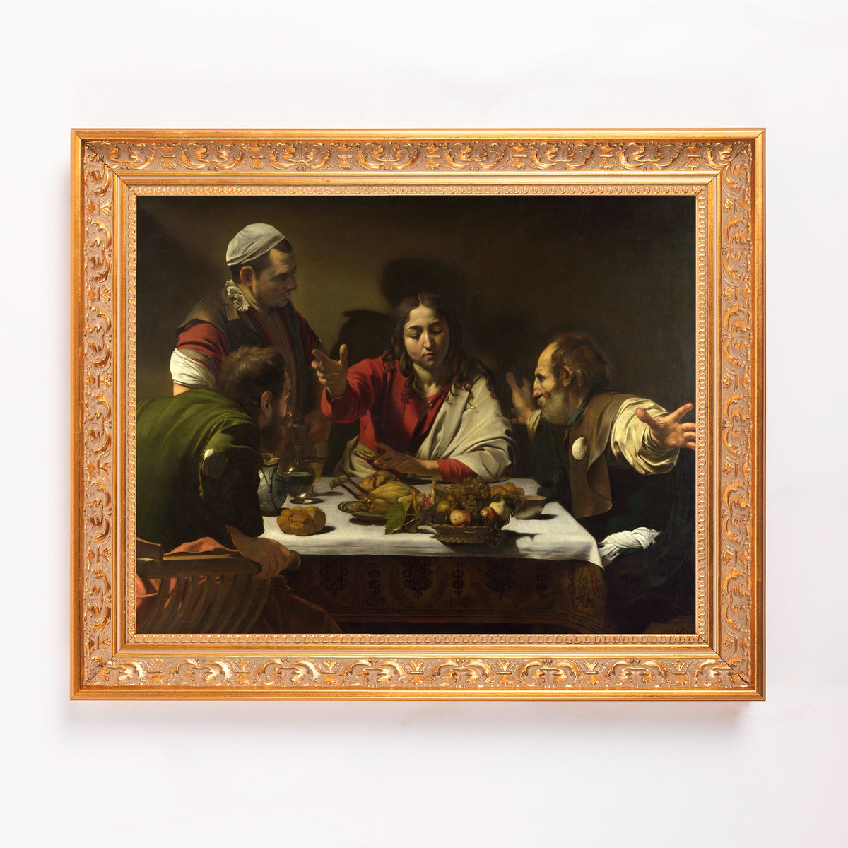 Fine art painting, "Supper at Emmaus," depicts Jesus at dinner with disciples in a gilded frame.