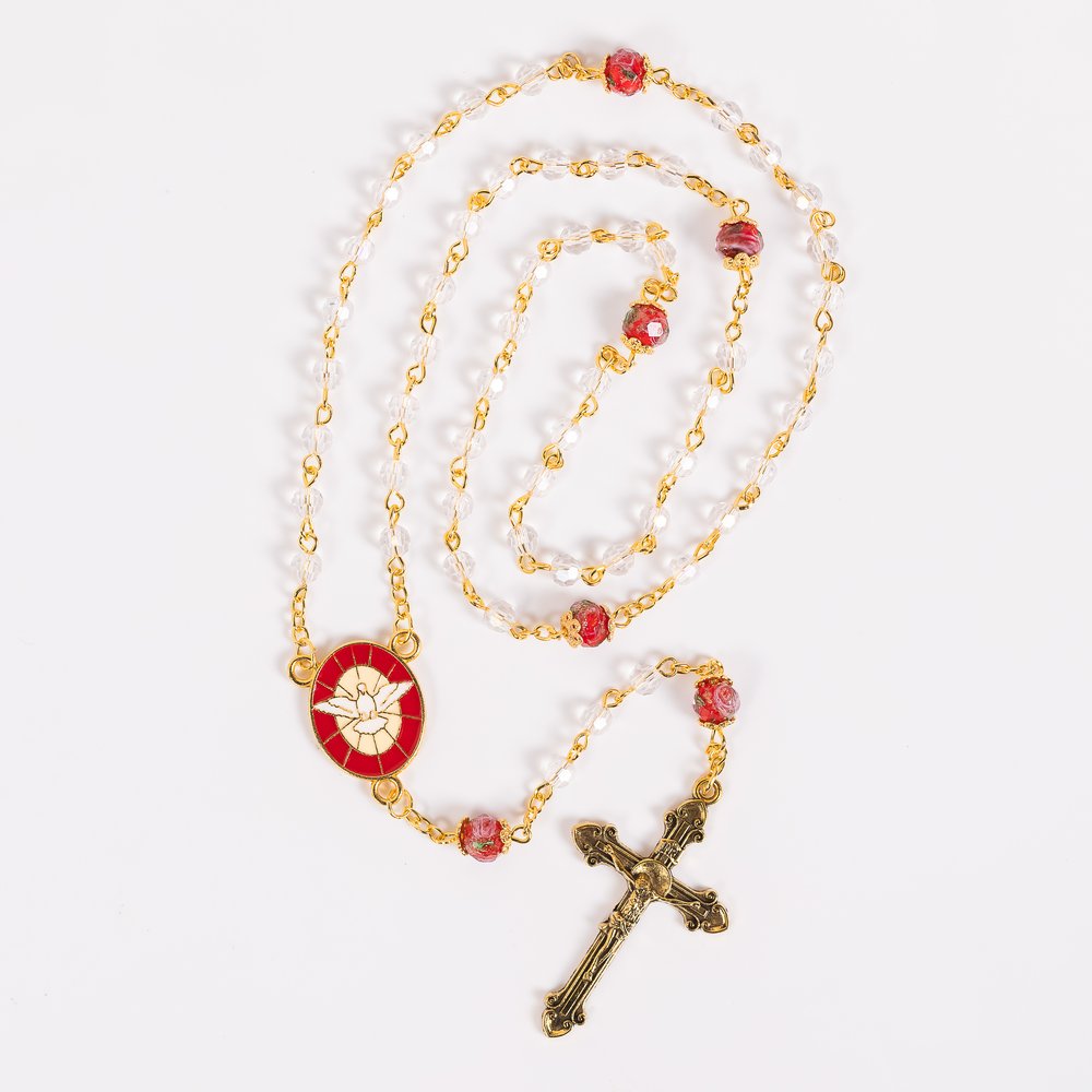 Red Crystal Aurora Borealis Confirmation Rosary With Dove Centerpiece