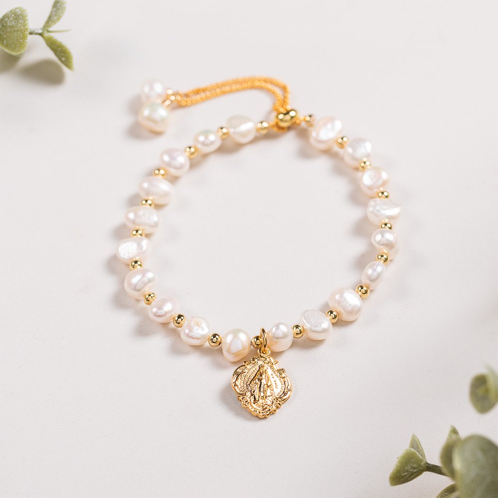 Freshwater Pearl Gold Miraculous Medal Bracelet