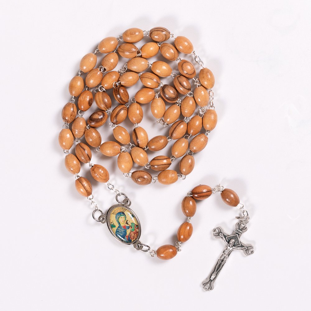 Holy Land Olive Wood Bl. Fulton Sheen Rosary with Full Color Centerpiece