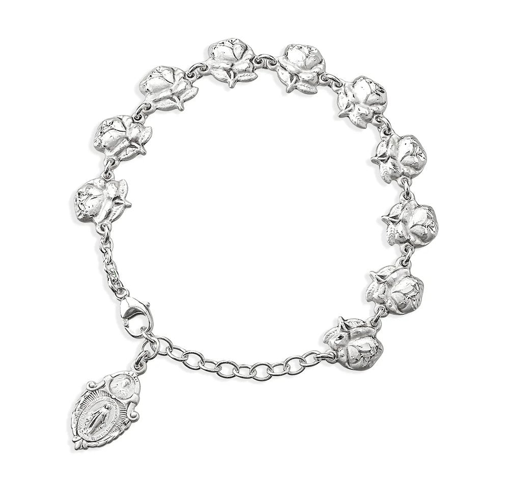 Sterling Silver Rosebud Saints & Miraculous Medal Rosary Bracelet
