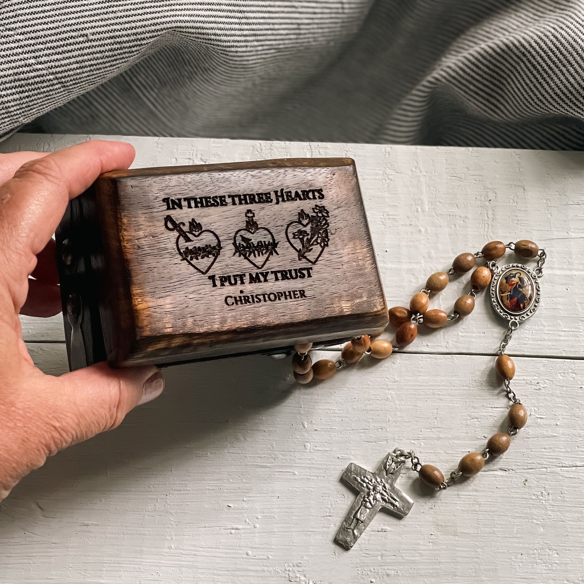 Personalized Three Hearts Rosary Box